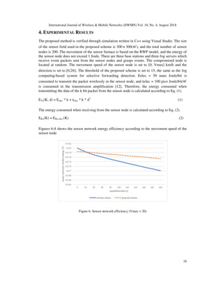 International Journal of Wireless & Mobile Networks (IJWMN) Vol. 10, No. 4, August 2018
16
4. EXPERIMENTAL RESULTS
The proposed method is verified through simulation written in C++ using Visual Studio. The size
of the sensor field used in the proposed scheme is 300ⅹ300(㎡), and the total number of sensor
nodes is 200. The movement of the sensor furnace is based on the RWP model, and the energy of
the sensor node does not exceed 1 Joule. There are three base stations and three fog servers which
receive event packets sent from the sensor nodes and grasps events. The compromised node is
located at random. The movement speed of the sensor node is set to [0, Vmax] km/h and the
direction is set to [0,2π]. The threshold of the proposed scheme is set to 15, the same as the fog
computing-based system for selective forwarding detection. Eelec = 50 nano Joule/bit is
consumed to transmit the packet wirelessly in the sensor node, and εelec = 100 pico Joule/bit/㎡
is consumed in the transmission amplification [12]. Therefore, the energy consumed when
transmitting the data of the k bit packet from the sensor node is calculated according to Eq. (1).
ETx(K, d) = Eelec * k + εelec * k * d2
(1)
The energy consumed when receiving from the sensor node is calculated according to Eq. (2).
ERx(K) = ERx-elec (K) (2)
Figures 6-8 shows the sensor network energy efficiency according to the movement speed of the
sensor node.
Figure 6. Sensor network efficiency (Vmax = 20)
 