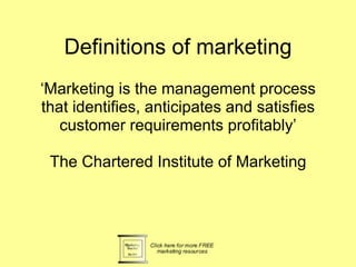 Definitions of marketing ‘ Marketing is the management process that identifies, anticipates and satisfies customer requirements profitably’ The Chartered Institute of Marketing 