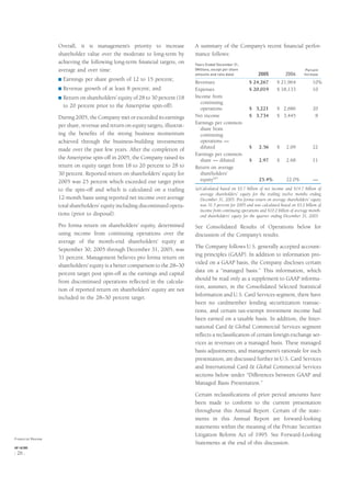 Overall, it is management’s priority to increase
shareholder value over the moderate to long-term by
achieving the following long-term ﬁnancial targets, on
average and over time:
® Earnings per share growth of 12 to 15 percent;
® Revenue growth of at least 8 percent; and
® Return on shareholders’ equity of 28 to 30 percent (18
to 20 percent prior to the Ameriprise spin-off).
During 2005, the Company met or exceeded its earnings
per share, revenue and return on equity targets, illustrat-
ing the beneﬁts of the strong business momentum
achieved through the business-building investments
made over the past few years. After the completion of
the Ameriprise spin-off in 2005, the Company raised its
return on equity target from 18 to 20 percent to 28 to
30 percent. Reported return on shareholders’ equity for
2005 was 25 percent which exceeded our target prior
to the spin-off and which is calculated on a trailing
12-month basis using reported net income over average
total shareholders’ equity including discontinued opera-
tions (prior to disposal).
Pro forma return on shareholders’ equity, determined
using income from continuing operations over the
average of the month-end shareholders’ equity at
September 30, 2005 through December 31, 2005, was
31 percent. Management believes pro forma return on
shareholders’ equity is a better comparison to the 28–30
percent target post spin-off as the earnings and capital
from discontinued operations reﬂected in the calcula-
tion of reported return on shareholders’ equity are not
included in the 28–30 percent target.
A summary of the Company’s recent ﬁnancial perfor-
mance follows:
Years Ended December 31,
(Millions, except per share
amounts and ratio data) 2005 2004
Percent
Increase
Revenues $ 24,267 $ 21,964 10%
Expenses $ 20,019 $ 18,133 10
Income from
continuing
operations $ 3,221 $ 2,686 20
Net income $ 3,734 $ 3,445 8
Earnings per common
share from
continuing
operations —
diluted $ 2.56 $ 2.09 22
Earnings per common
share — diluted $ 2.97 $ 2.68 11
Return on average
shareholders’
equity(a)
25.4% 22.0% —
(a)Calculated based on $3.7 billion of net income and $14.7 billion of
average shareholders’ equity for the trailing twelve months ending
December 31, 2005. Pro forma return on average shareholders’ equity
was 31.5 percent for 2005 and was calculated based on $3.2 billion of
income from continuing operations and $10.2 billion of average month-
end shareholders’ equity for the quarter ending December 31, 2005.
See Consolidated Results of Operations below for
discussion of the Company’s results.
The Company follows U.S. generally accepted account-
ing principles (GAAP). In addition to information pro-
vided on a GAAP basis, the Company discloses certain
data on a “managed basis.” This information, which
should be read only as a supplement to GAAP informa-
tion, assumes, in the Consolidated Selected Statistical
Information and U.S. Card Services segment, there have
been no cardmember lending securitization transac-
tions, and certain tax-exempt investment income had
been earned on a taxable basis. In addition, the Inter-
national Card & Global Commercial Services segment
reﬂects a reclassiﬁcation of certain foreign exchange ser-
vices as revenues on a managed basis. These managed
basis adjustments, and management’s rationale for such
presentation, are discussed further in U.S. Card Services
and International Card & Global Commercial Services
sections below under “Differences between GAAP and
Managed Basis Presentation.”
Certain reclassiﬁcations of prior period amounts have
been made to conform to the current presentation
throughout this Annual Report. Certain of the state-
ments in this Annual Report are forward-looking
statements within the meaning of the Private Securities
Litigation Reform Act of 1995. See Forward-Looking
Statements at the end of this discussion.
Financial Review
AXP / AR.2005
[ 26 ]
 