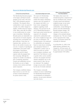 Reserve for Membership Rewards costs
Critical Accounting Policies Assumptions/Approach Used
Effect if Actual Results Differ
from Assumptions
The Membership Rewards program
is the largest card-based rewards
program in the world, with more
than 1,300 redemption partners
worldwide. The program allows
cardmembers to earn one point for
virtually every dollar charged on
eligible, enrolled American Express
Cards. Many cards offer the ability
to earn double points for certain
types of purchases. Membership
Rewards points are redeemable in a
wide selection of reward categories,
including travel, merchandise and
gift certiﬁcates. Points have no
expiration date, and there is no
limit on the number of points one
can earn. A majority of spending by
cardmembers earns points under
this program. Participation,
redemptions and the related
expense under the program have
been increasing. Although the
expense for rewards is recorded as
part of marketing, promotion,
rewards and cardmember services,
the beneﬁts are seen in higher
revenues, lower attrition and faster
speed of payment.
The Company establishes balance
sheet reserves to cover the cost
of future reward redemptions
for points earned to date.
The reserve for Membership
Rewards is estimated using
models that analyze redemption
statistics since the inception of
the program and reﬂect, to a
lesser extent, management’s
judgment regarding overall
adequacy. The provision for the
cost of Membership Rewards is
based upon points earned that are
expected to be ultimately
redeemed by cardmembers and
the current weighted-average cost
per point of redemption. The
estimated points to be redeemed
by cardmembers are measured
based on many factors including
past redemption behavior of
cardmembers, product type on
which the points are earned,
year of program enrollment, and
spend level. Past behavior is used
to predict when current enrollees
will leave the program and their
ultimate redemption rate on the
points earned to date, but not
yet redeemed. The weighted-
average cost per point is affected
by the mix of rewards redeemed.
The Company continually
evaluates its reserve methodology
for Membership Rewards based
on developments in redemption
patterns, cost per point redeemed
and other factors.
The balance sheet reserve for
unredeemed points is impacted over
time by enrollment levels, amount
of points earned and redeemed,
weighted-average cost per point,
redemption choices made by
cardmembers, reward offerings by
partners and other Membership
Rewards program changes. The
calculation is most sensitive to
changes in the estimated ultimate
redemption rate. This rate is based
on the expectation that a large
majority of all points earned will
eventually be redeemed.
As of December 31, 2005, if the
global ultimate redemption rate
changed by 100 basis points, the
balance sheet reserve would change
by approximately $150 million.
Financial Review
AXP / AR.2005
[ 28 ]
 