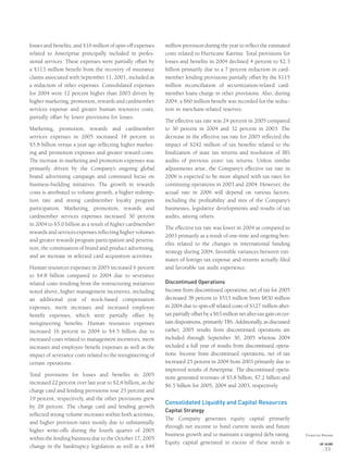 losses and beneﬁts, and $16 million of spin-off expenses
related to Ameriprise principally included in profes-
sional services. These expenses were partially offset by
a $113 million beneﬁt from the recovery of insurance
claims associated with September 11, 2001, included as
a reduction of other expenses. Consolidated expenses
for 2004 were 12 percent higher than 2003 driven by
higher marketing, promotion, rewards and cardmember
services expense and greater human resources costs,
partially offset by lower provisions for losses.
Marketing, promotion, rewards and cardmember
services expenses in 2005 increased 18 percent to
$5.8 billion versus a year ago reﬂecting higher market-
ing and promotion expenses and greater reward costs.
The increase in marketing and promotion expenses was
primarily driven by the Company’s ongoing global
brand advertising campaign and continued focus on
business-building initiatives. The growth in rewards
costs is attributed to volume growth, a higher redemp-
tion rate and strong cardmember loyalty program
participation. Marketing, promotion, rewards and
cardmember services expenses increased 30 percent
in 2004 to $5.0 billion as a result of higher cardmember
rewards and services expenses reﬂecting higher volumes
and greater rewards program participation and penetra-
tion, the continuation of brand and product advertising,
and an increase in selected card acquisition activities.
Human resources expenses in 2005 increased 6 percent
to $4.8 billion compared to 2004 due to severance
related costs resulting from the restructuring initiatives
noted above, higher management incentives, including
an additional year of stock-based compensation
expenses, merit increases and increased employee
beneﬁt expenses, which were partially offset by
reengineering beneﬁts. Human resources expenses
increased 16 percent in 2004 to $4.5 billion due to
increased costs related to management incentives, merit
increases and employee beneﬁt expenses as well as the
impact of severance costs related to the reengineering of
certain operations.
Total provisions for losses and beneﬁts in 2005
increased 22 percent over last year to $2.8 billion, as the
charge card and lending provisions rose 25 percent and
19 percent, respectively, and the other provisions grew
by 28 percent. The charge card and lending growth
reﬂected strong volume increases within both activities,
and higher provision rates mostly due to substantially
higher write-offs during the fourth quarter of 2005
within the lending business due to the October 17, 2005
change in the bankruptcy legislation as well as a $49
million provision during the year to reﬂect the estimated
costs related to Hurricane Katrina. Total provisions for
losses and beneﬁts in 2004 declined 4 percent to $2.3
billion primarily due to a 7 percent reduction in card-
member lending provisions partially offset by the $115
million reconciliation of securitization-related card-
member loans charge in other provisions. Also, during
2004, a $60 million beneﬁt was recorded for the reduc-
tion in merchant-related reserves.
The effective tax rate was 24 percent in 2005 compared
to 30 percent in 2004 and 32 percent in 2003. The
decrease in the effective tax rate for 2005 reﬂected the
impact of $242 million of tax beneﬁts related to the
ﬁnalization of state tax returns and resolution of IRS
audits of previous years’ tax returns. Unless similar
adjustments arise, the Company’s effective tax rate in
2006 is expected to be more aligned with tax rates for
continuing operations in 2003 and 2004. However, the
actual rate in 2006 will depend on various factors,
including the proﬁtability and mix of the Company’s
businesses, legislative developments and results of tax
audits, among others.
The effective tax rate was lower in 2004 as compared to
2003 primarily as a result of one-time and ongoing ben-
eﬁts related to the changes in international funding
strategy during 2004, favorable variances between esti-
mates of foreign tax expense and returns actually ﬁled
and favorable tax audit experience.
Discontinued Operations
Income from discontinued operations, net of tax for 2005
decreased 38 percent to $513 million from $830 million
in 2004 due to spin-off related costs of $127 million after-
taxpartiallyoffsetbya$63millionnetafter-taxgainoncer-
tain dispositions, primarily TBS. Additionally, as discussed
earlier, 2005 results from discontinued operations are
included through September 30, 2005 whereas 2004
included a full year of results from discontinued opera-
tions. Income from discontinued operations, net of tax
increased 25 percent in 2004 from 2003 primarily due to
improved results of Ameriprise. The discontinued opera-
tions generated revenues of $5.8 billion, $7.2 billion and
$6.3 billion for 2005, 2004 and 2003, respectively.
Consolidated Liquidity and Capital Resources
Capital Strategy
The Company generates equity capital primarily
through net income to fund current needs and future
business growth and to maintain a targeted debt rating.
Equity capital generated in excess of these needs is
Financial Review
AXP / AR.2005
[ 33 ]
 