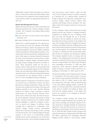 Additionally, a speciﬁc airline risk group was created in
order to ensure these institutional relationships, which
have become a key component of the Company’s spend-
centric business model, are appropriately assessed as to
their risk.
Market Risk Management Process
Market risk represents the loss in value of portfolios and
ﬁnancial instruments due to adverse changes in market
variables. The Company’s non-trading related market
risk consists of:
® Interest rate risk in its card, insurance and certiﬁcate
businesses; and
® Foreign exchange risk in its international operations.
Market risk is centrally managed by the corporate trea-
surer who also acts as the Vice Chairman of the ERMC.
Within each business, market risk exposures are moni-
tored and managed by various asset liability committees
within the parameters of Board-approved policies cover-
ing derivative ﬁnancial instruments, funding and invest-
ments. With respect to derivative ﬁnancial instruments,
the value of such instruments is derived from an under-
lying variable or multiple variables, including commod-
ity, equity, foreign exchange and interest rate indices or
prices. These instruments enable the end users to
increase, reduce or alter exposure to various market risks
and, as such, are an integral component of the Company’s
market risk and related asset liability management strat-
egy and processes. Use of derivative ﬁnancial instruments
is incorporated into the discussion below as well as
Note 10 to the Consolidated Financial Statements.
Market exposure is a byproduct of the delivery of prod-
ucts and services to cardmembers. Interest rate risk is
generated by funding cardmember charges and ﬁxed
rate loans with variable rate borrowings. Such assets and
liabilities generally do not create naturally offsetting
positions as it relates to basis, re-pricing, or maturity
characteristics. By using derivative ﬁnancial instru-
ments, such as interest rate swaps, the interest rate pro-
ﬁle can be adjusted to maintain and manage a desired
proﬁle. A portion of interest rate risk exposure usually
remains unhedged, to enable the Company to take a
view on interest rate changes. In addition, foreign
exchange risk is generated by cardmember cross-
currency charges, foreign currency denominated
balance sheet exposures and foreign currency earnings
in international units. The Company hedges this market
exposure to the extent it is economically justiﬁed
through various means including the use of derivative
ﬁnancial instruments, such as foreign exchange forward
and cross-currency swap contracts, which can help
“lock in” the Company’s exposure to speciﬁc currencies
at a speciﬁed rate. As a general matter, virtually all
foreign exchange risk arising from cardmember cross-
currency charges, foreign currency balance sheet
exposures and foreign currency earnings is risk man-
aged to reduce the Company’s exposure to currency rate
ﬂuctuations.
For the Company’s charge card and ﬁxed rate lending
products interest rate exposure is managed through a
combination of shifting the mix of funding toward
ﬁxed rate debt and through the use of derivative
instruments, with an emphasis on interest rate swaps,
that effectively ﬁx interest expense for the length of the
swap. The Company endeavors to lengthen the maturity
of interest rate hedges in periods of falling interest rates
and to shorten their maturity in periods of rising interest
rates. For the majority of its cardmember loans, which
are linked to a ﬂoating rate base and generally reprice
each month, the Company uses ﬂoating rate funding.
The Company regularly reviews its strategy and may
modify it. Non-trading interest rate derivative ﬁnancial
instruments, primarily interest rate swaps, with notional
amounts of approximately $22 billion and $38 billion
were outstanding at December 31, 2005 and 2004,
respectively. These derivatives generally qualify for
hedge accounting. A portion of these derivatives out-
standing as of December 31, 2005 extend to 2015.
The detrimental effect on the Company’s pretax earnings
of a hypothetical 100 basis point increase in interest
rates would be approximately $180 million ($158 mil-
lion related to the U.S. dollar), based on the 2005
year-end positions. This effect, which is calculated using
a static asset liability gapping model to quantify the
impact of a 100 basis point shift, is primarily a function
of the extent of variable rate funding of charge card
and ﬁxed rate lending products, to the degree that
interest rate exposure is not managed by derivative
ﬁnancial instruments.
The Company’s foreign exchange risk arising from
cross-currency charges and balance sheet exposures, for-
eign currency earnings and translation exposure of for-
eign operations is managed primarily by entering into
agreements to buy and sell currencies on a spot or for-
ward basis as well as foreign currency options. At Decem-
ber 31, 2005 and 2004, foreign currency products with
total notional amounts of approximately $30 billion and
$37 billion, respectively were outstanding. Derivative
hedging activities related to cross-currency charges,
Financial Review
AXP / AR.2005
[ 44 ]
 