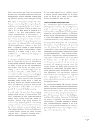 balance sheet exposures and foreign currency earnings
generally do not qualify for hedge accounting. Derivative
hedging activities related to translation exposure of for-
eign operations generally qualify for hedge accounting.
With respect to cross-currency charges and balance
sheet exposures, including related foreign exchange for-
ward contracts outstanding, the effect on the Company’s
earnings of a hypothetical 10 percent change in the
value of the U.S. dollar would be immaterial as of
December 31, 2005. With respect to foreign currency
earnings, the adverse impact on pretax income of a 10
percent strengthening of the U.S. dollar related to antici-
pated overseas operating results for the next twelve
months, including related foreign exchange option con-
tracts entered into in January 2006, would hypotheti-
cally be $65 million as of December 31, 2005. With
respect to translation exposure of foreign operations,
including related foreign exchange forward contracts
outstanding, a 10 percent change in the U.S. dollar
would result in a $12 million reduction in equity as of
December 31, 2005.
In conjunction with its international banking opera-
tions, the Company also uses derivative ﬁnancial instru-
ments to manage market risk related to speciﬁc interest
rate, foreign exchange and price risk exposures arising
from deposits, loans and debt and equity securities
holdings as well as its limited trading positions, dis-
cussed below. At December 31, 2005 and 2004, interest
rate products related to trading and non-trading posi-
tions with notional amounts totaling approximately $17
billion and $12 billion, respectively, were outstanding.
Additionally, equity products related to trading and
non-trading positions with notional amounts of $740
million and $582 million, respectively, were outstand-
ing at December 31, 2005 and 2004. These derivatives
generally do not qualify for hedge accounting.
As noted, market risk arises from the international
banking trading activities in foreign exchange (both
directly through daily exchange transactions as well as
through foreign exchange derivatives), interest rate
derivatives (primarily swaps), equity derivatives and
securities trading. Proprietary positions taken in foreign
exchange instruments, interest rate risk instruments and
the securities portfolios are monitored daily against
Value-at-Risk (VaR) limits. The VaR methodology used
to measure the daily exposure from trading activities is
calculated using a parametric technique using a
correlation matrix based upon historical data.
The VaR measure uses a 99 percent conﬁdence interval
to estimate potential trading losses over a one-day
period. The average VaR for trading activities was less
than $1 million for both 2005 and 2004.
Operational Risk Management Process
The Company deﬁnes operational risk as the risk of not
achieving business objectives due to failed processes,
people or information systems, or from the external
environment (e.g., natural disasters). The Company rec-
ognizes that operational risk is inherent in all business
activities and can impact an organization through direct
or indirect ﬁnancial loss, brand or reputational damage,
customer dissatisfaction, or legal or regulatory penalties.
The management of operational risk is an important
priority for the Company. To mitigate such operational
risks, the Company has developed a comprehensive
operational risk program that enables the identiﬁcation,
measurement, monitoring and reporting of inherent and
emerging operational risks. During 2005, this program,
utilizing the same process risk self assessment method-
ology used to facilitate compliance with Section 404 of
the Sarbanes Oxley Act, has been extended to
non-ﬁnancial operational risk self assessments. An
operational risk management reporting process that
provides business unit leaders with operational risk
information on a quarterly basis to help them assess the
overall operational risks of their business unit has also
been implemented. These initiatives have resulted in
improved operational risk intelligence and a heightened
level of preparedness to manage operational risk
events and conditions that may adversely impact the
Company’s operations.
The Company’s operational risk governance structure
includes an Operational Risk Management Committee,
which is responsible for maintaining the operational risk
framework and related policies and for overseeing the
implementation of the Company’s operational risk pro-
gram. The Committee is chaired by the Chief Opera-
tional Risk Ofﬁcer and Vice Chairman of the ERMC and
has member representation from business units and
support groups. The business units have the responsi-
bility for implementing the framework as well as the
day-to-day management of operational risk, creating a
partnership that ensures close monitoring and increas-
ing awareness for operational risk.
Financial Review
AXP / AR.2005
[ 45 ]
 