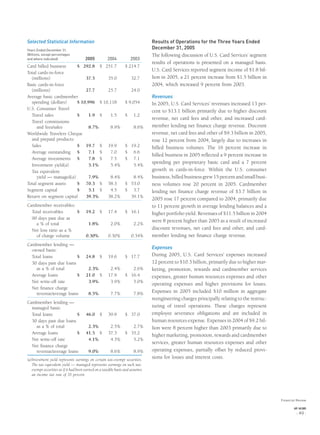Selected Statistical Information
Years Ended December 31,
(Billions, except percentages
and where indicated) 2005 2004 2003
Card billed business $ 292.8 $ 251.7 $ 214.7
Total cards-in-force
(millions) 37.5 35.0 32.7
Basic cards-in-force
(millions) 27.7 25.7 24.0
Average basic cardmember
spending (dollars) $ 10,996 $ 10,118 $ 9,054
U.S. Consumer Travel
Travel sales $ 1.9 $ 1.5 $ 1.2
Travel commissions
and fees/sales 8.7% 8.9% 8.6%
Worldwide Travelers Cheque
and prepaid products:
Sales $ 19.7 $ 19.9 $ 19.2
Average outstanding $ 7.1 $ 7.0 $ 6.6
Average investments $ 7.8 $ 7.5 $ 7.1
Investment yield(a) 5.1% 5.4% 5.4%
Tax equivalent
yield — managed(a) 7.9% 8.4% 8.4%
Total segment assets $ 70.3 $ 58.3 $ 53.0
Segment capital $ 5.1 $ 4.5 $ 3.7
Return on segment capital 39.3% 38.2% 39.1%
Cardmember receivables:
Total receivables $ 19.2 $ 17.4 $ 16.1
90 days past due as
a % of total 1.8% 2.0% 2.2%
Net loss ratio as a %
of charge volume 0.30% 0.30% 0.34%
Cardmember lending —
owned basis:
Total loans $ 24.8 $ 19.6 $ 17.7
30 days past due loans
as a % of total 2.3% 2.4% 2.6%
Average loans $ 21.0 $ 17.9 $ 16.4
Net write-off rate 3.9% 3.9% 5.0%
Net ﬁnance charge
revenue/average loans 8.5% 7.7% 7.8%
Cardmember lending —
managed basis:
Total loans $ 46.0 $ 39.9 $ 37.0
30 days past due loans
as a % of total 2.3% 2.5% 2.7%
Average loans $ 41.5 $ 37.3 $ 35.2
Net write-off rate 4.1% 4.3% 5.2%
Net ﬁnance charge
revenue/average loans 9.0% 8.6% 8.9%
(a)Investment yield represents earnings on certain tax-exempt securities.
The tax equivalent yield — managed represents earnings on such tax-
exempt securities as if it had been earned on a taxable basis and assumes
an income tax rate of 35 percent.
Results of Operations for the Three Years Ended
December 31, 2005
The following discussion of U.S. Card Services’ segment
results of operations is presented on a managed basis.
U.S. Card Services reported segment income of $1.8 bil-
lion in 2005, a 21 percent increase from $1.5 billion in
2004, which increased 9 percent from 2003.
Revenues
In 2005, U.S. Card Services’ revenues increased 13 per-
cent to $13.1 billion primarily due to higher discount
revenue, net card fees and other, and increased card-
member lending net ﬁnance charge revenue. Discount
revenue, net card fees and other of $9.3 billion in 2005,
rose 12 percent from 2004, largely due to increases in
billed business volumes. The 16 percent increase in
billed business in 2005 reﬂected a 9 percent increase in
spending per proprietary basic card and a 7 percent
growth in cards-in-force. Within the U.S. consumer
business,billedbusinessgrew15percentandsmallbusi-
ness volumes rose 20 percent in 2005. Cardmember
lending net ﬁnance charge revenue of $3.7 billion in
2005 rose 17 percent compared to 2004, primarily due
to 11 percent growth in average lending balances and a
higher portfolio yield. Revenues of $11.5 billion in 2004
were 8 percent higher than 2003 as a result of increased
discount revenues, net card fees and other, and card-
member lending net ﬁnance charge revenue.
Expenses
During 2005, U.S. Card Services’ expenses increased
12 percent to $10.3 billion, primarily due to higher mar-
keting, promotion, rewards and cardmember services
expenses, greater human resources expenses and other
operating expenses and higher provisions for losses.
Expenses in 2005 included $10 million in aggregate
reengineering charges principally relating to the restruc-
turing of travel operations. These charges represent
employee severance obligations and are included in
human resources expense. Expenses in 2004 of $9.2 bil-
lion were 8 percent higher than 2003 primarily due to
higher marketing, promotion, rewards and cardmember
services, greater human resources expenses and other
operating expenses, partially offset by reduced provi-
sions for losses and interest costs.
Financial Review
AXP / AR.2005
[ 49 ]
 