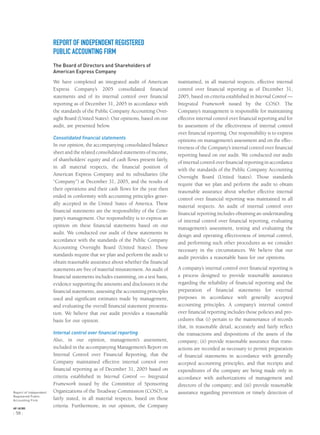 REPORT OF INDEPENDENT REGISTERED
PUBLIC ACCOUNTING FIRM
The Board of Directors and Shareholders of
American Express Company
We have completed an integrated audit of American
Express Company’s 2005 consolidated ﬁnancial
statements and of its internal control over ﬁnancial
reporting as of December 31, 2005 in accordance with
the standards of the Public Company Accounting Over-
sight Board (United States). Our opinions, based on our
audit, are presented below.
Consolidated financial statements
In our opinion, the accompanying consolidated balance
sheet and the related consolidated statements of income,
of shareholders’ equity and of cash ﬂows present fairly,
in all material respects, the ﬁnancial position of
American Express Company and its subsidiaries (the
“Company”) at December 31, 2005, and the results of
their operations and their cash ﬂows for the year then
ended in conformity with accounting principles gener-
ally accepted in the United States of America. These
ﬁnancial statements are the responsibility of the Com-
pany’s management. Our responsibility is to express an
opinion on these ﬁnancial statements based on our
audit. We conducted our audit of these statements in
accordance with the standards of the Public Company
Accounting Oversight Board (United States). Those
standards require that we plan and perform the audit to
obtain reasonable assurance about whether the ﬁnancial
statements are free of material misstatement. An audit of
ﬁnancial statements includes examining, on a test basis,
evidence supporting the amounts and disclosures in the
ﬁnancial statements, assessing the accounting principles
used and signiﬁcant estimates made by management,
and evaluating the overall ﬁnancial statement presenta-
tion. We believe that our audit provides a reasonable
basis for our opinion.
Internal control over financial reporting
Also, in our opinion, management’s assessment,
included in the accompanying Management’s Report on
Internal Control over Financial Reporting, that the
Company maintained effective internal control over
ﬁnancial reporting as of December 31, 2005 based on
criteria established in Internal Control — Integrated
Framework issued by the Committee of Sponsoring
Organizations of the Treadway Commission (COSO), is
fairly stated, in all material respects, based on those
criteria. Furthermore, in our opinion, the Company
maintained, in all material respects, effective internal
control over ﬁnancial reporting as of December 31,
2005, based on criteria established in Internal Control —
Integrated Framework issued by the COSO. The
Company’s management is responsible for maintaining
effective internal control over ﬁnancial reporting and for
its assessment of the effectiveness of internal control
over ﬁnancial reporting. Our responsibility is to express
opinions on management’s assessment and on the effec-
tiveness of the Company’s internal control over ﬁnancial
reporting based on our audit. We conducted our audit
of internal control over ﬁnancial reporting in accordance
with the standards of the Public Company Accounting
Oversight Board (United States). Those standards
require that we plan and perform the audit to obtain
reasonable assurance about whether effective internal
control over ﬁnancial reporting was maintained in all
material respects. An audit of internal control over
ﬁnancial reporting includes obtaining an understanding
of internal control over ﬁnancial reporting, evaluating
management’s assessment, testing and evaluating the
design and operating effectiveness of internal control,
and performing such other procedures as we consider
necessary in the circumstances. We believe that our
audit provides a reasonable basis for our opinions.
A company’s internal control over ﬁnancial reporting is
a process designed to provide reasonable assurance
regarding the reliability of ﬁnancial reporting and the
preparation of ﬁnancial statements for external
purposes in accordance with generally accepted
accounting principles. A company’s internal control
over ﬁnancial reporting includes those policies and pro-
cedures that (i) pertain to the maintenance of records
that, in reasonable detail, accurately and fairly reﬂect
the transactions and dispositions of the assets of the
company; (ii) provide reasonable assurance that trans-
actions are recorded as necessary to permit preparation
of ﬁnancial statements in accordance with generally
accepted accounting principles, and that receipts and
expenditures of the company are being made only in
accordance with authorizations of management and
directors of the company; and (iii) provide reasonable
assurance regarding prevention or timely detection ofReport of Independent
Registered Public
Accounting Firm
AXP / AR.2005
[ 58 ]
 