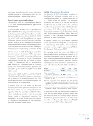 reserves are adjusted when there is more information
available, a change in circumstance or when an event
occurs necessitating a change to the reserves.
Recently Issued Accounting Standards
Effective July 1, 2005, the Company adopted SFAS No.
123(R), using the modiﬁed prospective application as
discussed earlier.
In December 2004, the FASB issued FASB Staff Position
(FSP) FAS 109-2, “Accounting and Disclosure Guidance
for the Foreign Earnings Repatriation Provision within
the American Jobs Creation Act of 2004 (the Act)” (FSP
FAS 109-2), which would allow additional time beyond
the ﬁnancial reporting period of enactment to evaluate
the effect of the Act on the Company’s plan for reinvest-
ment or repatriation of foreign earnings for purposes of
calculating the income tax provision. The Company did
not repatriate any foreign earnings as a result of the Act.
Effective January 1, 2004, the Company adopted the
American Institute of Certiﬁed Public Accountants
Statement of Position 03-1, “Accounting and Reporting
by Insurance Enterprises for Certain Nontraditional
Long-Duration Contracts and for Separate Accounts”
(SOP 03-1). The adoption of SOP 03-1 as of January 1,
2004 resulted in a cumulative effect of accounting
change which related to discontinued operations, that
reduced ﬁrst quarter 2004 results by $71 million ($109
million pretax).
On November 3, 2005, the FASB issued FSP FAS 115-1,
“The Meaning of Other-Than-Temporary Impairment
and Its Application to Certain Investments.” The Com-
pany believes its current procedures are consistent with
the requirements of FSP FAS 115-1.
In January 2003, the FASB issued FIN 46 which
addresses consolidation by business enterprises of vari-
able interest entities and was subsequently revised in
September 2003. The consolidation of FIN 46-related
entities resulted in a cumulative effect of accounting
change, related to discontinued operations, that
reduced 2003 net income through a non-cash charge of
$13 million ($20 million pretax). See Note 6 for further
discussion of variable interest entities.
NOTE 2 Discontinued Operations
On September 30, 2005, the Company completed the
distribution of Ameriprise common stock to the
Company’s shareholders in a tax-free transaction for
U.S. federal income tax purposes. The Ameriprise
distribution was treated as a non-cash dividend to
shareholders and, as such, reduced the Company’s
shareholders’ equity by $7.7 billion, which included an
approximate $1.1 billion capital contribution to
Ameriprise in connection with the distribution. Accord-
ingly, the Company’s Consolidated Balance Sheet as of
December 31, 2005 reﬂects the non-cash dividend and
a decrease in assets and liabilities.
In addition, during 2005, the Company completed
certain dispositions (including TBS) for cash proceeds
of approximately $190 million. These dispositions
resulted in a net after-tax gain of approximately $63 mil-
lion during the third quarter of 2005.
The operating results and assets and liabilities of
discontinued operations are presented separately in the
Company’s Consolidated Financial Statements and the
notes to the Consolidated Financial Statements have been
adjusted to exclude discontinued operations. Summary
operating results of the discontinued operations for the
years ended December 31, 2005, 2004 and 2003 were:
(Millions) 2005(a)
2004 2003
Revenues(b)
$ 5,813 $ 7,161 $ 6,298
Pretax income from
discontinued operations(c)
$ 690 $ 1,120 $ 832
(a)2005 results are lower than previous periods reﬂecting dispositions as of
September 30, 2005.
(b)Includes revenues from certain dispositions other than Ameriprise
(principally TBS) of approximately $325 million, $398 million and
$382 million for the three years ended December 31, 2005, 2004 and
2003, respectively.
(c)Income tax provision for the years ended December 31, 2005, 2004 and
2003 was $177 million, $290 million and $167 million, respectively.
In addition to income from discontinued operations, in
2004 and 2003, the Company recognized charges from
the cumulative effects of accounting changes related to
discontinued operations (See Note 1). Included in the
assets that were discontinued as of September 30, 2005
was approximately $670 million of goodwill.
Notes to Consolidated
Financial Statements
AXP / AR.2005
[ 73 ]
 