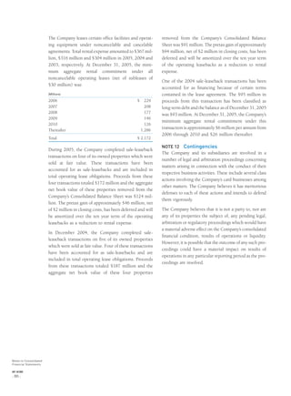The Company leases certain ofﬁce facilities and operat-
ing equipment under noncancelable and cancelable
agreements. Total rental expense amounted to $367 mil-
lion, $316 million and $304 million in 2005, 2004 and
2003, respectively. At December 31, 2005, the mini-
mum aggregate rental commitment under all
noncancelable operating leases (net of subleases of
$30 million) was:
(Millions)
2006 $ 229
2007 208
2008 177
2009 146
2010 126
Thereafter 1,286
Total $ 2,172
During 2005, the Company completed sale-leaseback
transactions on four of its owned properties which were
sold at fair value. These transactions have been
accounted for as sale-leasebacks and are included in
total operating lease obligations. Proceeds from these
four transactions totaled $172 million and the aggregate
net book value of these properties removed from the
Company’s Consolidated Balance Sheet was $124 mil-
lion. The pretax gain of approximately $46 million, net
of $2 million in closing costs, has been deferred and will
be amortized over the ten year term of the operating
leasebacks as a reduction to rental expense.
In December 2004, the Company completed sale-
leaseback transactions on ﬁve of its owned properties
which were sold at fair value. Four of these transactions
have been accounted for as sale-leasebacks and are
included in total operating lease obligations. Proceeds
from these transactions totaled $187 million and the
aggregate net book value of these four properties
removed from the Company’s Consolidated Balance
Sheet was $91 million. The pretax gain of approximately
$94 million, net of $2 million in closing costs, has been
deferred and will be amortized over the ten year term
of the operating leasebacks as a reduction to rental
expense.
One of the 2004 sale-leaseback transactions has been
accounted for as ﬁnancing because of certain terms
contained in the lease agreement. The $95 million in
proceeds from this transaction has been classiﬁed as
long-term debt and the balance as of December 31, 2005
was $93 million. At December 31, 2005, the Company’s
minimum aggregate rental commitment under this
transaction is approximately $6 million per annum from
2006 through 2010 and $26 million thereafter.
NOTE 12 Contingencies
The Company and its subsidiaries are involved in a
number of legal and arbitration proceedings concerning
matters arising in connection with the conduct of their
respective business activities. These include several class
actions involving the Company’s card businesses among
other matters. The Company believes it has meritorious
defenses to each of these actions and intends to defend
them vigorously.
The Company believes that it is not a party to, nor are
any of its properties the subject of, any pending legal,
arbitration or regulatory proceedings which would have
a material adverse effect on the Company’s consolidated
ﬁnancial condition, results of operations or liquidity.
However, it is possible that the outcome of any such pro-
ceedings could have a material impact on results of
operations in any particular reporting period as the pro-
ceedings are resolved.
Notes to Consolidated
Financial Statements
AXP / AR.2005
[ 86 ]
 