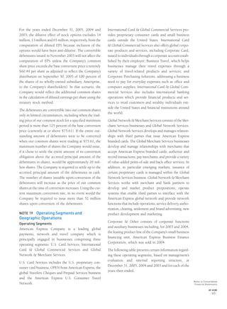For the years ended December 31, 2005, 2004 and
2003, the dilutive effect of stock options excludes 14
million, 13 million and 65 million, respectively, from the
computation of diluted EPS because inclusion of the
options would have been anti-dilutive. The convertible
debentures issued in November 2003 will not affect the
computation of EPS unless the Company’s common
share price exceeds the base conversion price (currently
$60.49 per share as adjusted to reﬂect the Company’s
distribution on September 30, 2005 of 100 percent of
the shares of its wholly-owned subsidiary, Ameriprise,
to the Company’s shareholders). In that scenario, the
Company would reﬂect the additional common shares
in the calculation of diluted earnings per share using the
treasury stock method.
The debentures are convertible into our common shares
only in limited circumstances, including when the trad-
ing price of our common stock for a speciﬁed minimum
period is more than 125 percent of the base conversion
price (currently at or above $75.61). If the entire out-
standing amount of debentures were to be converted
when our common shares were trading at $75.61, the
maximum number of shares the Company would issue,
if it chose to settle the entire amount of its conversion
obligation above the accreted principal amount of the
debentures in shares, would be approximately 26 mil-
lion shares. The Company is required to settle up to the
accreted principal amount of the debentures in cash.
The number of shares issuable upon conversion of the
debentures will increase as the price of our common
shares at the time of conversion increases. Using the cur-
rent maximum conversion rate, in no event would the
Company be required to issue more than 52 million
shares upon conversion of the debentures.
NOTE 19 Operating Segments and
Geographic Operations
Operating Segments
American Express Company is a leading global
payments, network and travel company which is
principally engaged in businesses comprising three
operating segments: U.S. Card Services, International
Card & Global Commercial Services and Global
Network & Merchant Services.
U.S. Card Services includes the U.S. proprietary con-
sumer card business, OPEN from American Express, the
global Travelers Cheques and Prepaid Services business
and the American Express U.S. Consumer Travel
Network.
International Card & Global Commercial Services pro-
vides proprietary consumer cards and small business
cards outside the United States. International Card
& Global Commercial Services also offers global corpo-
rate products and services, including Corporate Card,
issued to individuals through a corporate account estab-
lished by their employer; Business Travel, which helps
businesses manage their travel expenses through a
variety of travel-related products and services; and
Corporate Purchasing Solutions, addressing a business
need to pay for everyday expenses such as ofﬁce and
computer supplies. International Card & Global Com-
mercial Services also includes international banking
operations which provide ﬁnancial products and ser-
vices to retail customers and wealthy individuals out-
side the United States and ﬁnancial institutions around
the world.
Global Network & Merchant Services consists of the Mer-
chant Services businesses and Global Network Services.
Global Network Services develops and manages relation-
ships with third parties that issue American Express
branded cards. The Global Merchant Services businesses
develop and manage relationships with merchants that
accept American Express branded cards; authorize and
record transactions; pay merchants; and provide a variety
of value-added point-of-sale and back ofﬁce services. In
addition, in particular emerging markets, issuance of
certain proprietary cards is managed within the Global
Network Services business. Global Network & Merchant
Services works with merchant and bank partners to
develop and market product propositions, operate
systems that enable third parties to interface with the
American Express global network and provide network
functions that include operations, service delivery, autho-
rization, clearing, settlement and brand advertising, new
product development and marketing.
Corporate & Other consists of corporate functions
and auxiliary businesses including, for 2003 and 2004,
the leasing product line of the Company’s small business
ﬁnancing unit, American Express Business Finance
Corporation, which was sold in 2004.
The following table presents certain information regard-
ing these operating segments, based on management’s
evaluation and internal reporting structure, at
December 31, 2005, 2004 and 2003 and for each of the
years then ended.
Notes to Consolidated
Financial Statements
AXP / AR.2005
[ 95 ]
 