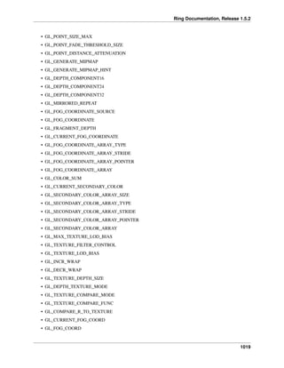 Ring Documentation, Release 1.5.2
• GL_POINT_SIZE_MAX
• GL_POINT_FADE_THRESHOLD_SIZE
• GL_POINT_DISTANCE_ATTENUATION
• GL_GENERATE_MIPMAP
• GL_GENERATE_MIPMAP_HINT
• GL_DEPTH_COMPONENT16
• GL_DEPTH_COMPONENT24
• GL_DEPTH_COMPONENT32
• GL_MIRRORED_REPEAT
• GL_FOG_COORDINATE_SOURCE
• GL_FOG_COORDINATE
• GL_FRAGMENT_DEPTH
• GL_CURRENT_FOG_COORDINATE
• GL_FOG_COORDINATE_ARRAY_TYPE
• GL_FOG_COORDINATE_ARRAY_STRIDE
• GL_FOG_COORDINATE_ARRAY_POINTER
• GL_FOG_COORDINATE_ARRAY
• GL_COLOR_SUM
• GL_CURRENT_SECONDARY_COLOR
• GL_SECONDARY_COLOR_ARRAY_SIZE
• GL_SECONDARY_COLOR_ARRAY_TYPE
• GL_SECONDARY_COLOR_ARRAY_STRIDE
• GL_SECONDARY_COLOR_ARRAY_POINTER
• GL_SECONDARY_COLOR_ARRAY
• GL_MAX_TEXTURE_LOD_BIAS
• GL_TEXTURE_FILTER_CONTROL
• GL_TEXTURE_LOD_BIAS
• GL_INCR_WRAP
• GL_DECR_WRAP
• GL_TEXTURE_DEPTH_SIZE
• GL_DEPTH_TEXTURE_MODE
• GL_TEXTURE_COMPARE_MODE
• GL_TEXTURE_COMPARE_FUNC
• GL_COMPARE_R_TO_TEXTURE
• GL_CURRENT_FOG_COORD
• GL_FOG_COORD
1019
 