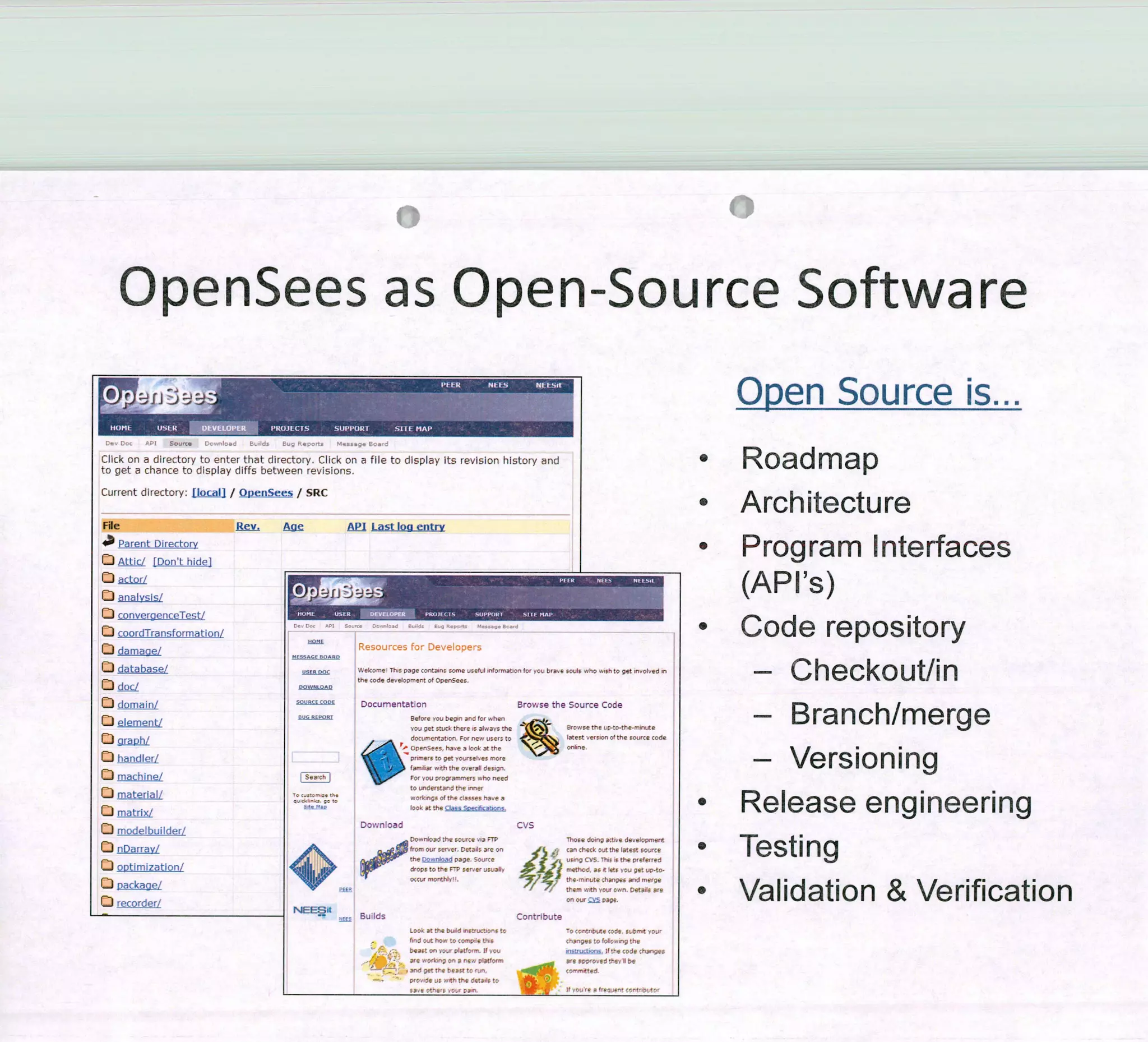 Click en a directory to enter that directory. Click en a file te display ita revision history and
te çjet a chance te display diffs between revisions,
Current directory: [local] / OpenSees / SRC
Ry Acie API Last loa entry
l3SflU
• r
0000k —
0000000 Weloomo! TOis pago conteino (orne 00001,1 :nt,:rnaOoi br IGL] b,e,o 001,10. ono 10000000 olLed 11
tOe codo deveboornent of Openoees
ObOWPLQOQ
Documerttation Broese the Source Code
Refute vou begin and lOO cOno
no ,et stuck 000000 3Ia 100 0:1 GEn 00€ o-:o-ti- o- - ,0000
'1 urnentatOn FO, fleO uSor: 00 1010,0 0[000 01000 001JG e codo
o-
/,-' 
005ees, hav 3 00k 00 Iho OflL'flc
— niceos to gel vourselytmni cro
y' ccc lCr wOk tOe 0:01311 000 , 00,
:000 orograrnm000 who necd
:0 understand toe tone,
uork:ngo of toe (lesees 0303
00k 00 tOe Cipos Seeç'fcçancr 5-
Downiogd CYS
Donboad tf,e source 113 000 licOse Ocio; 3:0 , 0 deslaprnor,t
Oil
IEh;0 :°
oo—
NEESI
ce: Bu,lds Contribute
10,0 of tOe buid wcçtructcon, fo T. Contoibute codo icbrn,t -i al'
finid out bnw 0€ ooecp,le ibiS 0000gev 00 luIsito; bh
bonO en ceo' pIptfo,rn. Reos ,r,000uQutt II tOe codo chpnçlei
are neelcing en e nno pietfenn ,e epproced tOco libo
- cb;00
1
Fi'e
Parent Directory
Ü AtJ/ íDont hidej
converenceTesti/
D coordTransformation/
O damaae/
O deta base,!
docZo
ci __
OQLDQb
O handIr
O machine/
O materiai:
O modelbui[der.í
O nDarray/
O otimization/
O poickacie/
O recorder/
.
OpenSees as Open -Source Software
Open Source ls...
• Roadmap
• Architecture
• Program Interfaces
(APFs)
• Code repository
— Checkout/in
— Branch/merge
— Versioning
• Release engineering
• Testing
• Validation & Verification
 