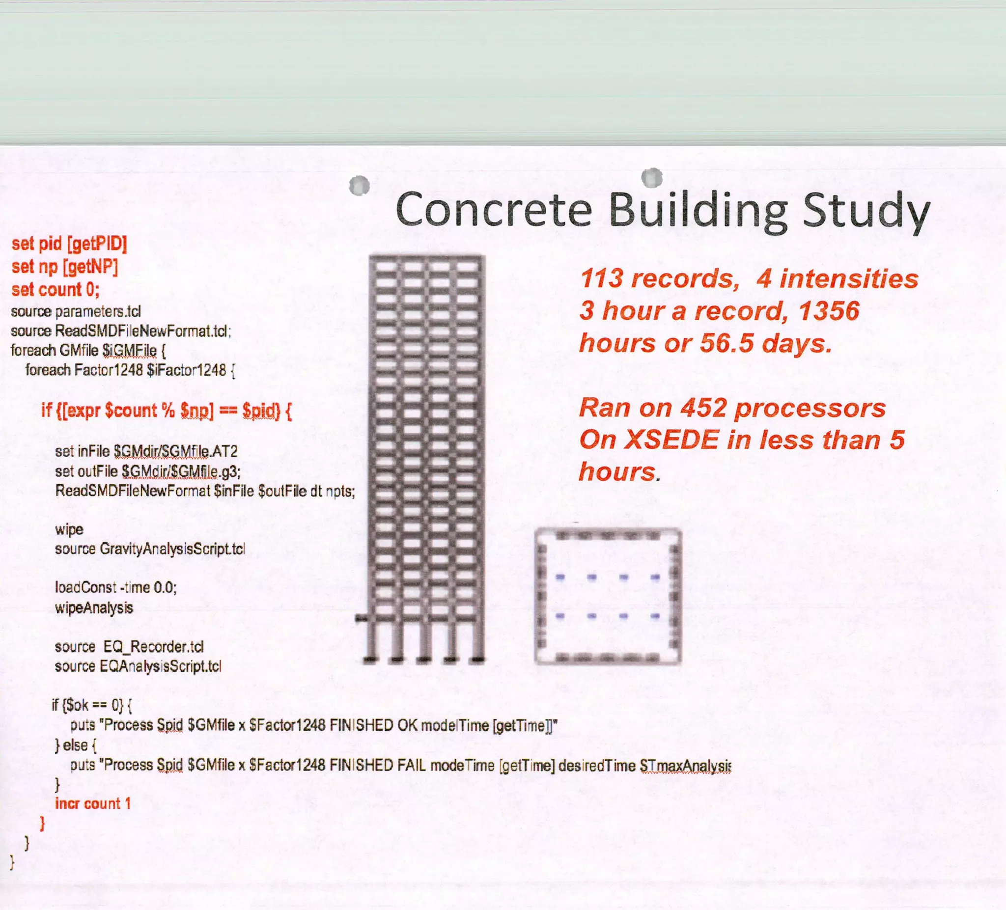 Concrete Building Study
113 records, 4 intensities
3 hour a record, 1356
hours or 565 days.
Ran on 452 processors
Qn XSEDE in Iess than 5
hours.
- - -
01 ,
set pid [getPIDJ
set np [getNP]
set count O;
source parameters.tcl
source ReadSMDFieNewFormaticI:
foreach GMfIle $...de (
foreach Factcrl248 $iFactorl248
if ([expr $count % $np] == $ph) {
set inFile $G.Md...nS.GMf'ie.AT2
set outFile $GM.d.ir/.$. .M.flç.g3;
ReadSMDFileNewFormat Sin File $outFile dt nDts;
wipe
sou rce GravityAn alysisS cripttc
loacCons: .::me 0.0;
wipeAnalys is
source EQRecorder,tcl
source EQAnaIyssScript.tcl
if($oko{
us "Process S.id $GMfiIe x $Factorl 248 FINSHED OK modelTime [getTirnejj'
} else
Duts Process $GMfile x $Factorl248 FINSHED FAIL modeTíme [getTirne] desredTime S.a.xA..aJysi
}
incr count 1
1
 