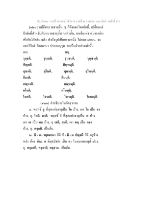ประโยค๑ - บาลีไวยากรณ วจีวิภาค ภาคที่ ๒ อาขยาต และ กิตก - หนาที่ 175
[๑๒๐] แมถึงหมวดธาตุอื่น ๆ ก็พึงแจกโดยนัยนี้, เปลี่ยนแต
ปจจัยที่สําหรับกับหมวดธาตุนั้น ๆ เทานั้น, ยกเสียแตธาตุบางอยาง
เขากับวิภัตติบางตัว สําเร็จรูปเปนอยางหนึ่ง ไมคงตามแบบ, จะ
แจกไวแต วัตตมานา ประถมบุรุษ พอเปนตัวอยางเทานั้น.
เอก. พหุ.
รุนฺธติ, รุนฺเธติ. รุนฺธนฺติ, รุนฺเธนฺติ.
ทิพฺพติ. ทิพฺพนฺติ.
สุณาติ, ลุโณติ. สุณนฺติ, สุโณนฺติ.
กีนาติ. กีนนฺติ.
คณฺหาติ. คณฺหนฺติ.
ตโนติ. ตโนนฺติ.
โจเรติ, โจรยติ. โจเรนฺติ. โจรยนฺติ.
(๑๒๑) คําอธิบายในกัตตุวาจก
๑. พฤทธิ์ อู ที่สุดแหงธาตุเปน โอ บาง, เอา โอ เปน อว
บาง, อุ. โหติ, ภวติ. พฤทธิ์ อี ที่สุดแหงธาตุเปน เอ บาง
เอา เอ เปน อย บาง, อุ เสติ, สยติ. เอา คมฺ เปน คจฺฉ
บาง, อุ. คจฺฉติ. เปนตน.
๒. มิ - ม - วตฺตมานา ก็ดี หิ - มิ - ม ปฺจมี ก็ดี อยูขาง
หลัง ตอง ทีฆะ อ ที่สุดปจจัย เปน อา ในหมวดธาตุทั้งปวง,
อุ. คจฺฉาหิ, คจฺฉามิ, คจฺฉาม. เปนตน.
 