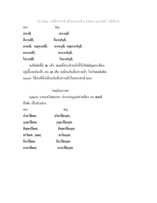 ประโยค๑ - บาลีไวยากรณ วจีวิภาค ภาคที่ ๒ อาขยาต และ กิตก - หนาที่ 181
เอก. พหุ.
สาเวติ. สาเวนฺติ.
กีนาเปติ. กีนาเปนฺติ.
คาเหติ, คณฺหาเปติ. คาเหนฺติ, คณฺหาเปนฺติ.
ตานาเปติ. ตานาเปนฺติ.
โจราเปติ. โจราเปนฺติ.
ลงปจจัยที่มี ณ แลว พฤทธิ์สระตัวหนาที่ไมใชพยัญชนะซอน
อยูเบื้องหลังแลว ลบ ณ เสีย เหมือนกับที่กลาวแลว ในโคตตตัทธิต
(๑๐๓) วิธีสนธิก็เหมือนกับที่กลาวแลวในสระสนธิ (๑๙).
เหตุกัมมวาจก
(๑๒๗) แจกแตวัตตมานา ประถมบุรุษอยางเดียว ลง ณาเป
ปจจัย เปนตัวอยาง
เอก. พหุ.
ปาจาปยเต. ปาจาปยนฺเต.
รุนฺธาปยเต. รุนฺธาปยนฺเต.
สิพฺพาปยเต. สิพฺพาปยนฺเต.
สาวิยเต. [ณย] สาวิยนฺเต.
กีนาปยเต. กีนาปยนฺเต.
คาหาปยเต. คาหาปยนฺเต.
 
