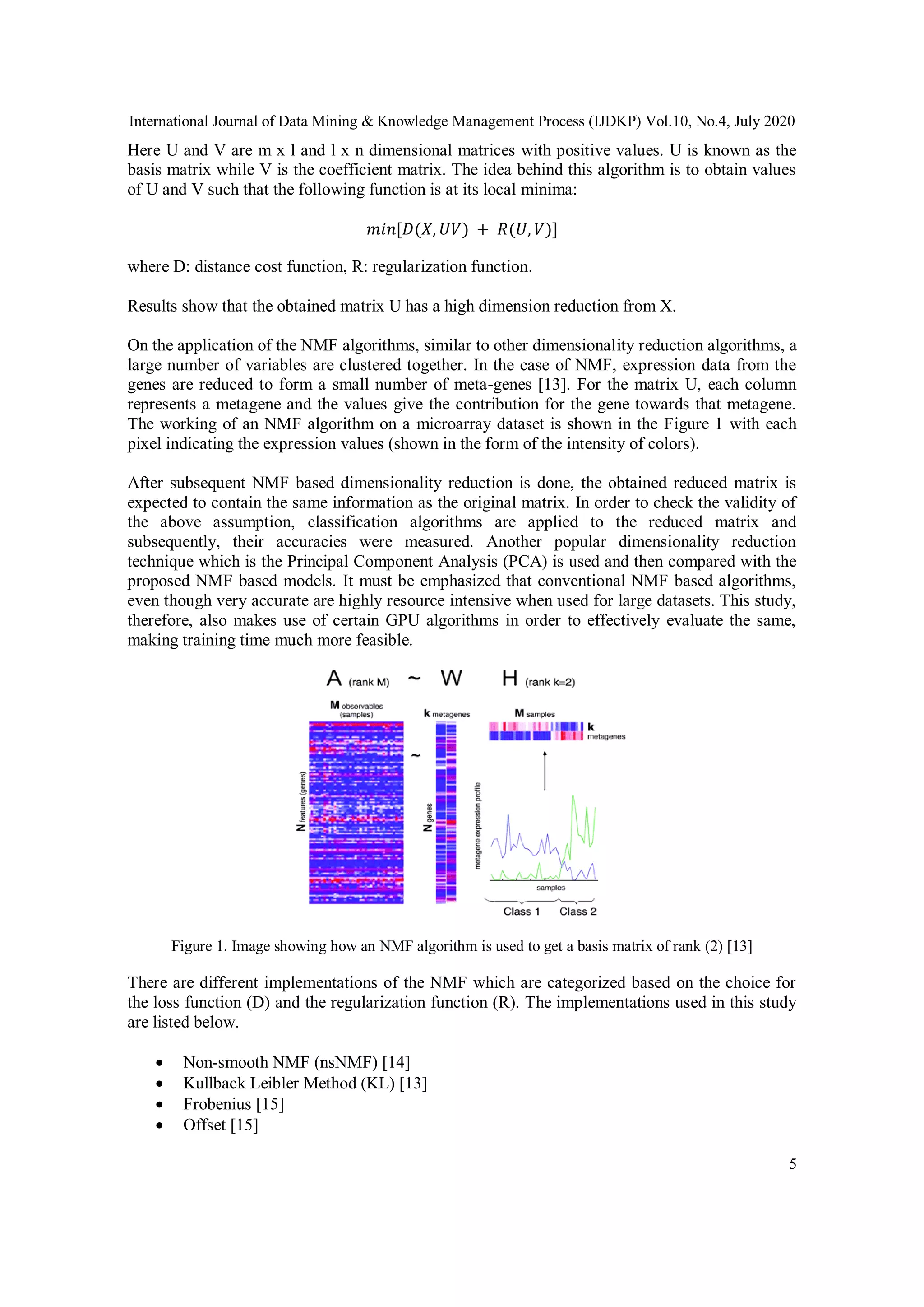 International Journal of Data Mining & Knowledge Management Process (IJDKP) Vol.10, No.4, July 2020
5
Here U and V are m x l and l x n dimensional matrices with positive values. U is known as the
basis matrix while V is the coefficient matrix. The idea behind this algorithm is to obtain values
of U and V such that the following function is at its local minima:
𝑚𝑖𝑛[𝐷(𝑋, 𝑈𝑉) + 𝑅(𝑈, 𝑉)]
where D: distance cost function, R: regularization function.
Results show that the obtained matrix U has a high dimension reduction from X.
On the application of the NMF algorithms, similar to other dimensionality reduction algorithms, a
large number of variables are clustered together. In the case of NMF, expression data from the
genes are reduced to form a small number of meta-genes [13]. For the matrix U, each column
represents a metagene and the values give the contribution for the gene towards that metagene.
The working of an NMF algorithm on a microarray dataset is shown in the Figure 1 with each
pixel indicating the expression values (shown in the form of the intensity of colors).
After subsequent NMF based dimensionality reduction is done, the obtained reduced matrix is
expected to contain the same information as the original matrix. In order to check the validity of
the above assumption, classification algorithms are applied to the reduced matrix and
subsequently, their accuracies were measured. Another popular dimensionality reduction
technique which is the Principal Component Analysis (PCA) is used and then compared with the
proposed NMF based models. It must be emphasized that conventional NMF based algorithms,
even though very accurate are highly resource intensive when used for large datasets. This study,
therefore, also makes use of certain GPU algorithms in order to effectively evaluate the same,
making training time much more feasible.
Figure 1. Image showing how an NMF algorithm is used to get a basis matrix of rank (2) [13]
There are different implementations of the NMF which are categorized based on the choice for
the loss function (D) and the regularization function (R). The implementations used in this study
are listed below.
 Non-smooth NMF (nsNMF) [14]
 Kullback Leibler Method (KL) [13]
 Frobenius [15]
 Offset [15]
 