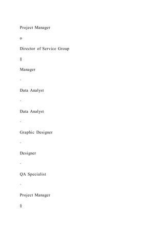Project Manager
o
Director of Service Group
§
Manager
·
Data Analyst
·
Data Analyst
·
Graphic Designer
·
Designer
·
QA Specialist
·
Project Manager
§
 