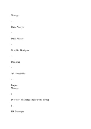 Manager
·
Data Analyst
·
Data Analyst
·
Graphic Designer
·
Designer
·
QA Specialist
·
Project
Manager
o
Director of Shared Resources Group
§
HR Manager
 