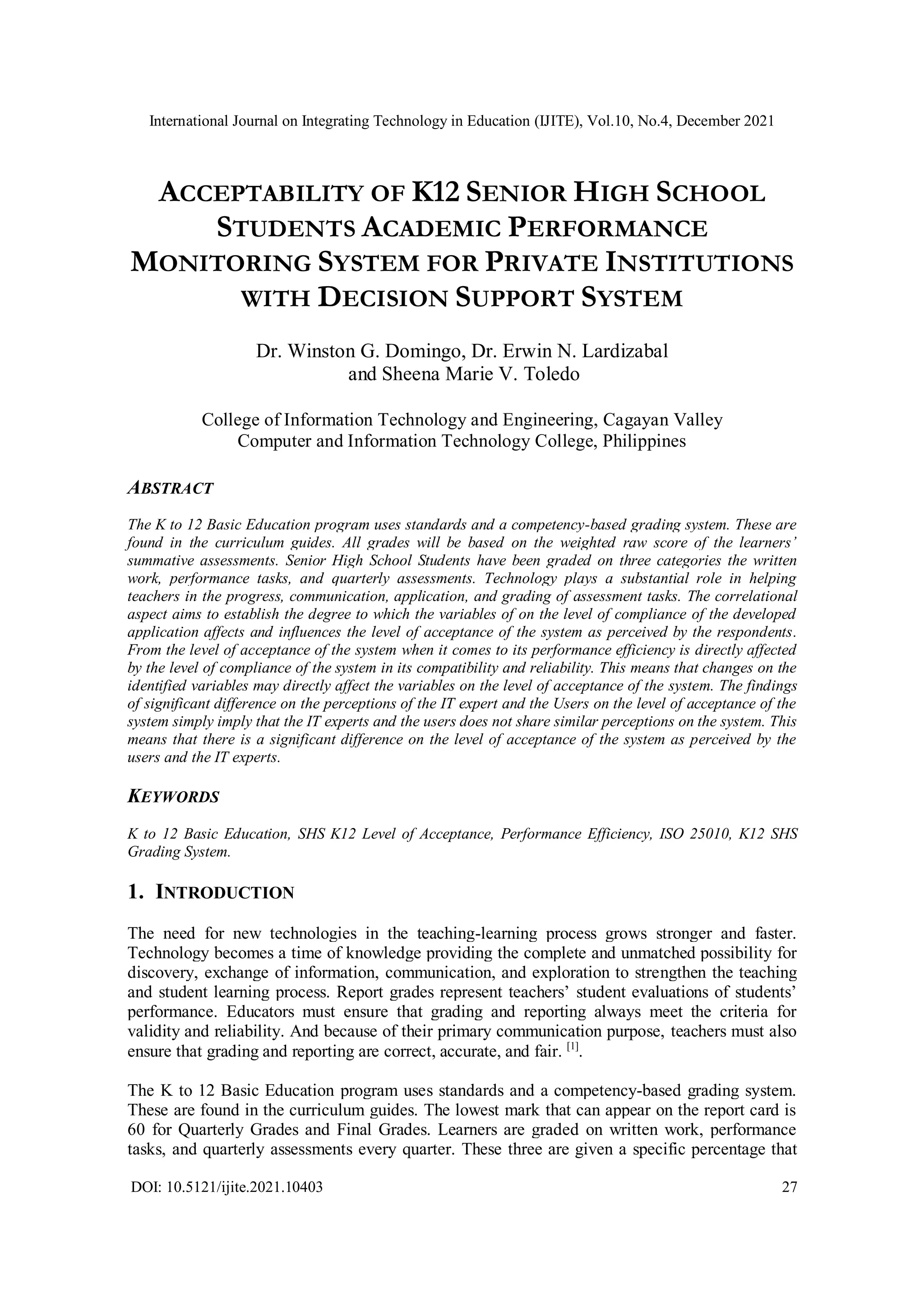 ACCEPTABILITY OF K12 SENIOR HIGH SCHOOL STUDENTS ACADEMIC PERFORMANCE ...