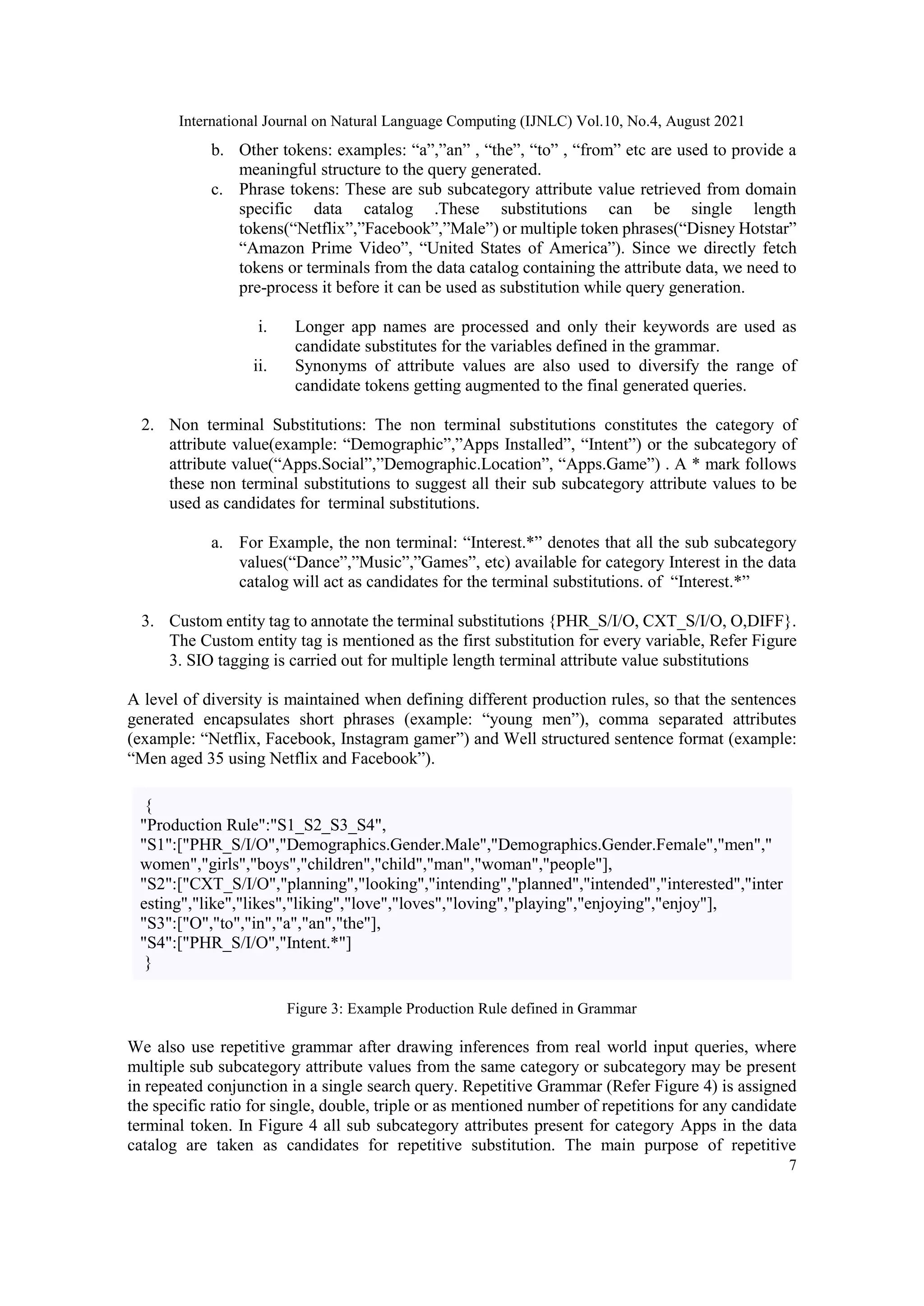 International Journal on Natural Language Computing (IJNLC) Vol.10, No.4, August 2021
7
b. Other tokens: examples: “a”,”an” , “the”, “to” , “from” etc are used to provide a
meaningful structure to the query generated.
c. Phrase tokens: These are sub subcategory attribute value retrieved from domain
specific data catalog .These substitutions can be single length
tokens(“Netflix”,”Facebook”,”Male”) or multiple token phrases(“Disney Hotstar”
“Amazon Prime Video”, “United States of America”). Since we directly fetch
tokens or terminals from the data catalog containing the attribute data, we need to
pre-process it before it can be used as substitution while query generation.
i. Longer app names are processed and only their keywords are used as
candidate substitutes for the variables defined in the grammar.
ii. Synonyms of attribute values are also used to diversify the range of
candidate tokens getting augmented to the final generated queries.
2. Non terminal Substitutions: The non terminal substitutions constitutes the category of
attribute value(example: “Demographic”,”Apps Installed”, “Intent”) or the subcategory of
attribute value(“Apps.Social”,”Demographic.Location”, “Apps.Game”) . A * mark follows
these non terminal substitutions to suggest all their sub subcategory attribute values to be
used as candidates for terminal substitutions.
a. For Example, the non terminal: “Interest.*” denotes that all the sub subcategory
values(“Dance”,”Music”,”Games”, etc) available for category Interest in the data
catalog will act as candidates for the terminal substitutions. of “Interest.*”
3. Custom entity tag to annotate the terminal substitutions {PHR_S/I/O, CXT_S/I/O, O,DIFF}.
The Custom entity tag is mentioned as the first substitution for every variable, Refer Figure
3. SIO tagging is carried out for multiple length terminal attribute value substitutions
A level of diversity is maintained when defining different production rules, so that the sentences
generated encapsulates short phrases (example: “young men”), comma separated attributes
(example: “Netflix, Facebook, Instagram gamer”) and Well structured sentence format (example:
“Men aged 35 using Netflix and Facebook”).
{
"Production Rule":"S1_S2_S3_S4",
"S1":["PHR_S/I/O","Demographics.Gender.Male","Demographics.Gender.Female","men","
women","girls","boys","children","child","man","woman","people"],
"S2":["CXT_S/I/O","planning","looking","intending","planned","intended","interested","inter
esting","like","likes","liking","love","loves","loving","playing","enjoying","enjoy"],
"S3":["O","to","in","a","an","the"],
"S4":["PHR_S/I/O","Intent.*"]
}
Figure 3: Example Production Rule defined in Grammar
We also use repetitive grammar after drawing inferences from real world input queries, where
multiple sub subcategory attribute values from the same category or subcategory may be present
in repeated conjunction in a single search query. Repetitive Grammar (Refer Figure 4) is assigned
the specific ratio for single, double, triple or as mentioned number of repetitions for any candidate
terminal token. In Figure 4 all sub subcategory attributes present for category Apps in the data
catalog are taken as candidates for repetitive substitution. The main purpose of repetitive
 