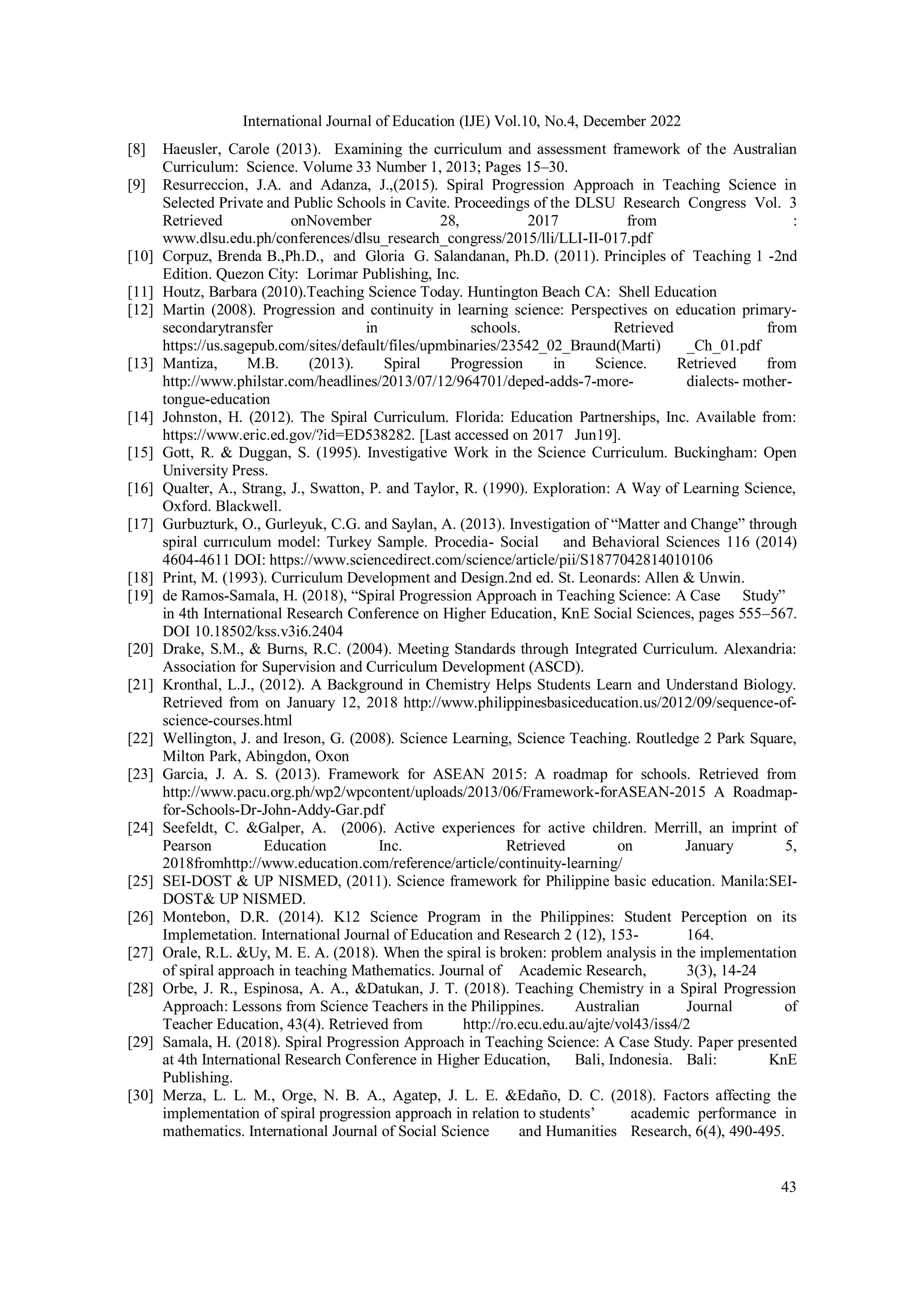 SPIRAL PROGRESSION APPROACH IN THE K TO 12 SCIENCE CURRICULUM: A ...