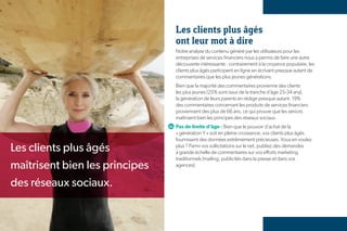 Les clients plus âgés
                                ont leur mot à dire
                                Notre analyse du contenu généré par les utilisateurs pour les
                                entreprises de services financiers nous a permis de faire une autre
                                découverte intéressante : contrairement à la croyance populaire, les
                                clients plus âgés participent en ligne en écrivant presque autant de
                                commentaires que les plus jeunes générations.
                                Bien que la majorité des commentaires provienne des clients
                                les plus jeunes (25% sont issus de la tranche d’âge 25-34 ans),
                                la génération de leurs parents en rédige presque autant. 19%
                                des commentaires concernant les produits de services financiers
                                proviennent des plus de 66 ans, ce qui prouve que les seniors
                                maîtrisent bien les principes des réseaux sociaux.
                                Pas de limite d’âge : Bien que le pouvoir d’achat de la
                                « génération Y » soit en pleine croissance, vos clients plus âgés
                                fournissent des données extrêmement précieuses. Vous en voulez
Les clients plus âgés           plus ? Parmi vos sollicitations sur le net, publiez des demandes
                                à grande échelle de commentaires sur vos efforts marketing
                                traditionnels (mailing, publicités dans la presse et dans vos
maîtrisent bien les principes   agences).


des réseaux sociaux.


 10
 