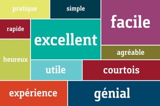 pratique           simple

 rapide                         facile
          excellent
                                 agréable
heureux
             utile             courtois

 expérience                   génial
 