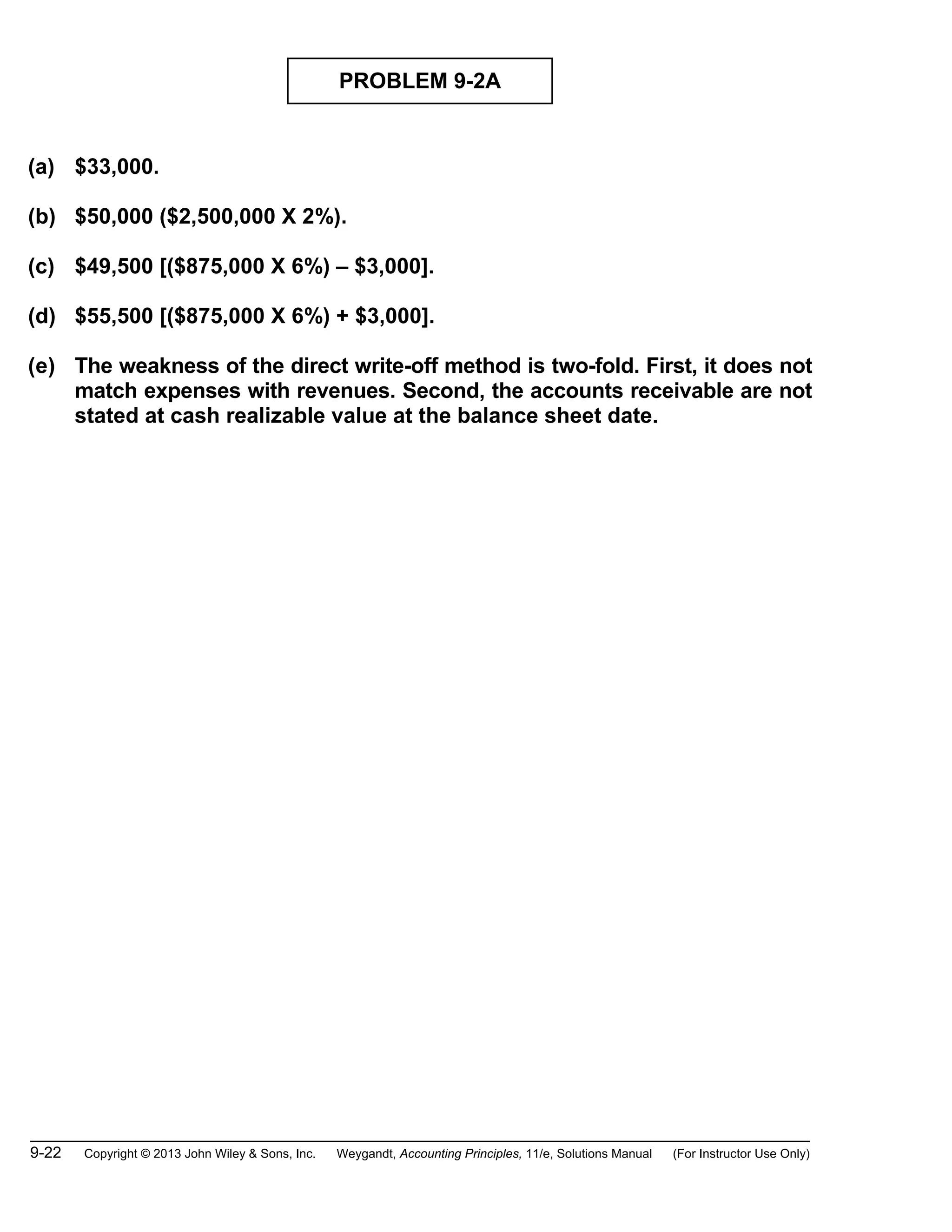 9-22 Copyright © 2013 John Wiley & Sons, Inc. Weygandt, Accounting Principles, 11/e, Solutions Manual (For Instructor Use Only)
PROBLEM 9-2A
(a) $33,000.
(b) $50,000 ($2,500,000 X 2%).
(c) $49,500 [($875,000 X 6%) – $3,000].
(d) $55,500 [($875,000 X 6%) + $3,000].
(e) The weakness of the direct write-off method is two-fold. First, it does not
match expenses with revenues. Second, the accounts receivable are not
stated at cash realizable value at the balance sheet date.
 