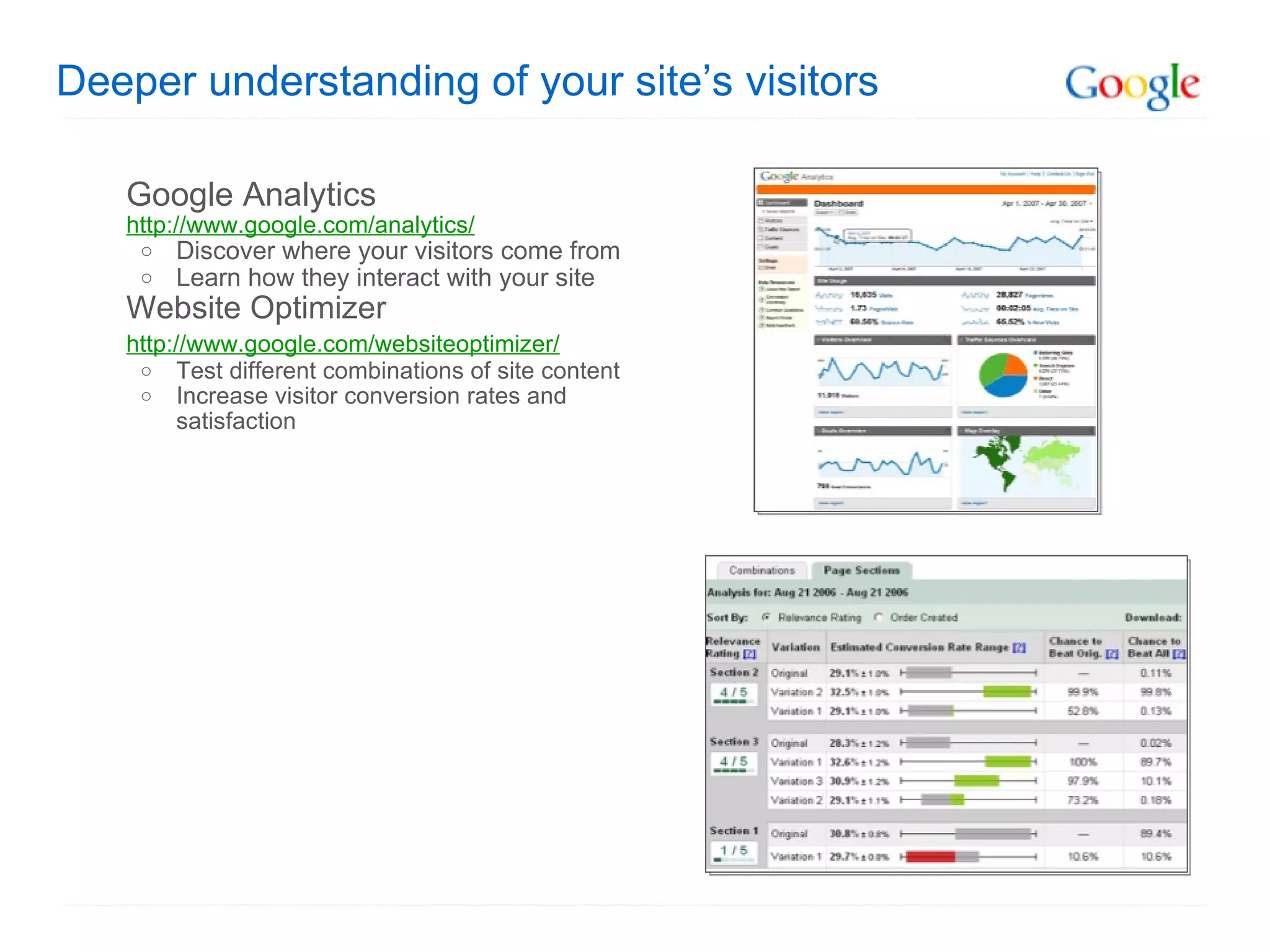 Deeper understanding of your site’s visitors Google Analytics http://www.google.com/analytics/ Discover where your visitors come from Learn how they interact with your site Website Optimizer http://www.google.com/websiteoptimizer/   Test different combinations of site content Increase visitor conversion rates and satisfaction 
