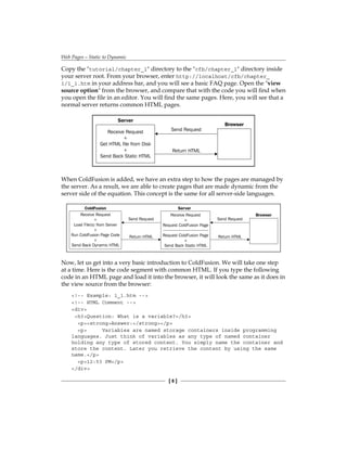 Web Pages—Static to Dynamic
[  ]
Copy the tutorial/chapter_1 directory to the cfb/chapter_1 directory inside
your server root. From your browser, enter� http://localhost/cfb/chapter_
1/1_1.htm in your address bar, and you will see a basic FAQ page. Open the view
source option from the browser, and compare that with the code you will find when
you open the file in an editor. You will find the same pages. Here, you will see that a
normal server returns common HTML pages.
When ColdFusion is added, we have an extra step to how the pages are managed by
the server. As a result, we are able to create pages that are made dynamic from the
server side of the equation. This concept is the same for all server-side languages.
Now, let us get into a very basic introduction to ColdFusion. We will take one step
at a time. Here is the code segment with common HTML. If you type the following
code in an HTML page and load it into the browser, it will look the same as it does in
the view source from the browser:
!-- Example: 1_1.htm --
!-- HTML Comment --
div
h3Question: What is a variable?/h3
pstrongAnswer:/strong/p
p Variables are named storage containers inside programming
languages. Just think of variables as any type of named container
holding any type of stored content. You simply name the container and
store the content. Later you retrieve the content by using the same
name./p
p12:53 PM/p
/div
 