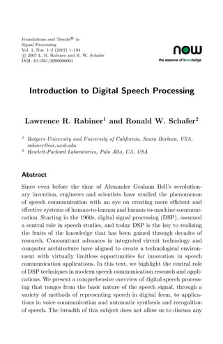 Introduction To Digital Speech Processing Foundations And Trends In ...