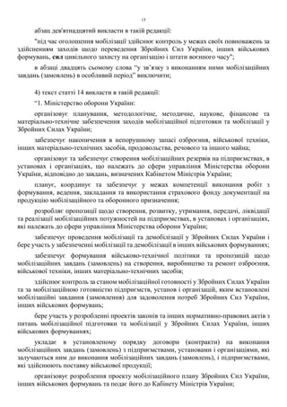 15
абзац дев'ятнадцятий викласти в такій редакції:
"під час оголошення мобілізації здійснює контроль у межах своїх повноважень за
здійсненням заходів щодо переведення Збройних Сил України, інших військових
формувань, сил цивільного захисту на організацію і штати воєнного часу";
в абзаці двадцять сьомому слова “у зв’язку з виконанням ними мобілізаційних
завдань (замовлень) в особливий період” виключити;
4) текст статті 14 викласти в такій редакції:
“1. Міністерство оборони України:
організовує планування, методологічне, методичне, наукове, фінансове та
матеріально-технічне забезпечення заходів мобілізаційної підготовки та мобілізації у
Збройних Силах України;
забезпечує накопичення в непорушному запасі озброєння, військової техніки,
інших матеріально-технічних засобів, продовольства, речового та іншого майна;
організовує та забезпечує створення мобілізаційних резервів на підприємствах, в
установах і організаціях, що належать до сфери управління Міністерства оборони
України, відповідно до завдань, визначених Кабінетом Міністрів України;
планує, координує та забезпечує у межах компетенції виконання робіт з
формування, ведення, закладання та використання страхового фонду документації на
продукцію мобілізаційного та оборонного призначення;
розробляє пропозиції щодо створення, розвитку, утримання, передачі, ліквідації
та реалізації мобілізаційних потужностей на підприємствах, в установах і організаціях,
які належать до сфери управління Міністерства оборони України;
забезпечує проведення мобілізації та демобілізації у Збройних Силах України і
бере участь у забезпеченні мобілізації та демобілізації в інших військових формуваннях;
забезпечує формування військово-технічної політики та пропозицій щодо
мобілізаційних завдань (замовлень) на створення, виробництво та ремонт озброєння,
військової техніки, інших матеріально-технічних засобів;
здійснює контроль за станом мобілізаційної готовності у Збройних Силах України
та за мобілізаційною готовністю підприємств, установ і організацій, яким встановлені
мобілізаційні завдання (замовлення) для задоволення потреб Збройних Сил України,
інших військових формувань;
бере участь у розробленні проектів законів та інших нормативно-правових актів з
питань мобілізаційної підготовки та мобілізації у Збройних Силах України, інших
військових формуваннях;
укладає в установленому порядку договори (контракти) на виконання
мобілізаційних завдань (замовлень) з підприємствами, установами і організаціями, які
залучаються ним до виконання мобілізаційних завдань (замовлень), і підприємствами,
які здійснюють поставку військової продукції;
організовує розроблення проекту мобілізаційного плану Збройних Сил України,
інших військових формувань та подає його до Кабінету Міністрів України;
 