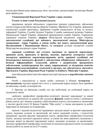 25
інспекторів Вищої ради правосуддя, його заступник, дисциплінарні інспектори Вищої
ради правосуддя;
Уповноважений Верховної Ради України з прав людини;
Голова та інші члени Рахункової палати;
працівники органів військового управління (органів управління), військових
частин (підрозділів) Міністерства оборони України, Збройних Сил України, Державної
спеціальної служби транспорту, Державної служби спеціального зв’язку та захисту
інформації України, Служби безпеки України, Служби зовнішньої розвідки України,
Національної гвардії України, Державної прикордонної служби України, Управління
державної охорони України, апарату Міністерства внутрішніх справ України,
дипломатичні службовці, які займають дипломатичні посади, Міністерства
закордонних справ України, а також особи, які мають дипломатичний ранг
Надзвичайний і Повноважний Посол, та експерти установ експертної служби
Міністерства внутрішніх справ України;
державні службовці, які готують висновки до проектів нормативно-
правових актів, проводять їх фахову, наукову, юридичну експертизу та/або
експертизу прийнятих нормативно-правових актів, державні службовці, які
безпосередньо виконують функції із забезпечення кібербезпеки, кіберзахисту та
безпеки інформаційних технологій, роботи з розроблення програмного
забезпечення, адміністрування баз даних, впровадження та підтримки новітніх
інформаційно-комунікаційних технологій в органах, що забезпечують діяльність
Президента України, Верховної Ради України та Кабінету Міністрів України;
інші військовозобов’язані або окремі категорії громадян у передбачених законом
випадках.
Особи з інвалідністю, а також особи, зазначені в абзацах четвертому –
шістнадцятому частини першої цієї статті, у зазначений період можуть бути прийняті
на військову службу за контрактом.
2. Призову на військову службу під час мобілізації, на особливий період не
підлягають також:
здобувачі професійної (професійно-технічної), фахової передвищої̈ та вищої̈
освіти, які навчаються за денною або дуальною формою здобуття освіти і здобувають
рівень освіти, що є вищим за раніше здобутий рівень освіти у послідовності, визначеній
у частині другій статті 10 Закону України “Про освіту”, а також докторанти та особи,
зараховані на навчання до інтернатури;
наукові і науково-педагогічні працівники закладів вищої та фахової передвищої
освіти, наукових установ та організацій, які мають науковий ступінь, і педагогічні
працівники закладів фахової передвищої освіти, професійної (професійно-технічної)
освіти, закладів загальної середньої освіти, за умови що вони працюють відповідно у
закладах вищої чи фахової передвищої освіти, наукових установах та організаціях,
закладах професійної (професійно-технічної) чи загальної середньої освіти за основним
місцем роботи не менш як на 0,75 ставки;
 