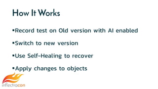 How It Works
Record test on Old version with AI enabled
Switch to new version
Use Self-Healing to recover
Apply changes to objects
 