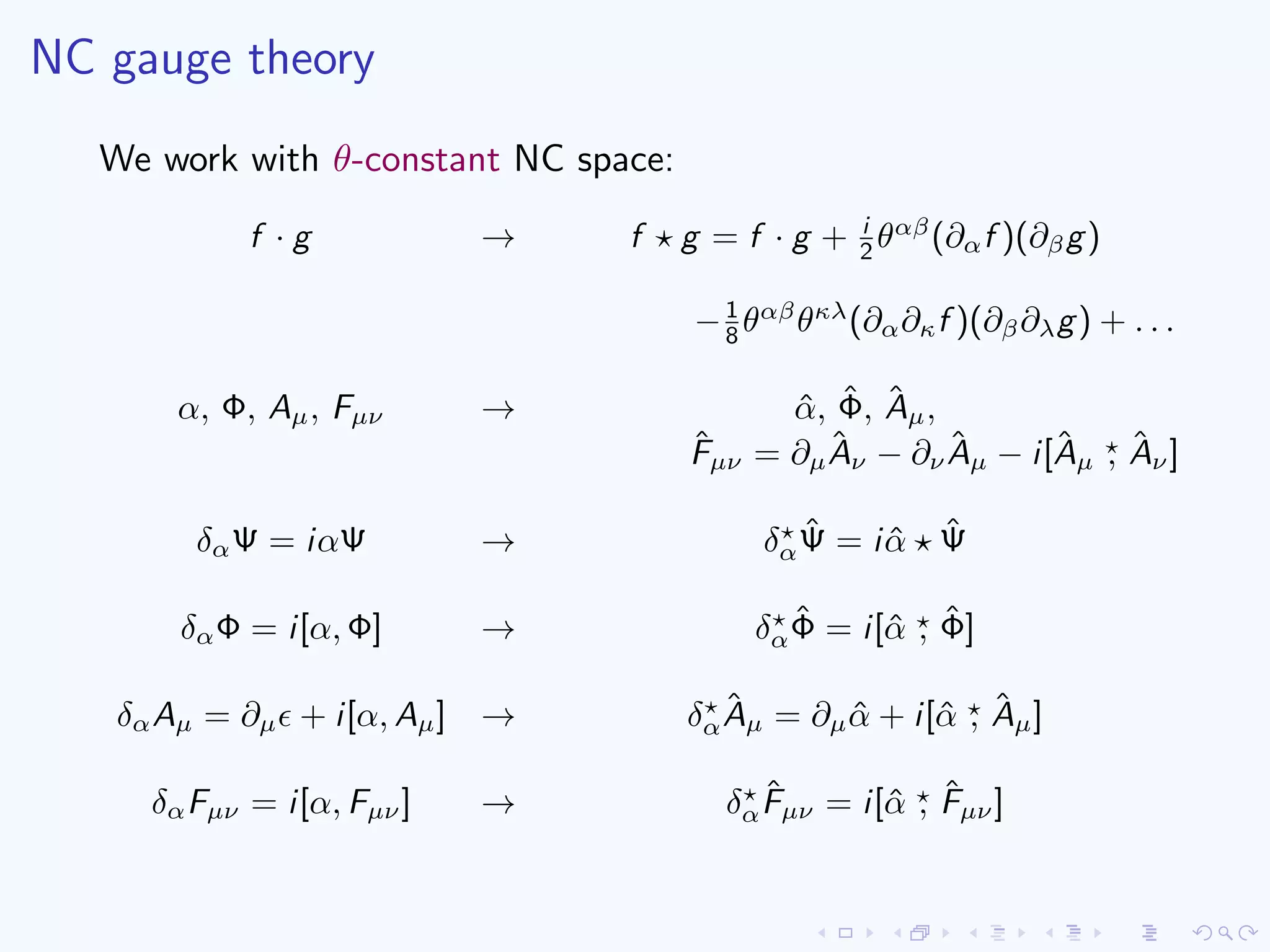 NC gauge theory
We work with θ-constant NC space:
f · g → f g = f · g + i
2 θαβ
(∂αf )(∂βg)
−1
8 θαβ
θκλ
(∂α∂κf )(∂β∂λg) + . . .
α, Φ, Aµ, Fµν → ˆα, ˆΦ, ˆAµ,
ˆFµν = ∂µ
ˆAν − ∂ν
ˆAµ − i[ˆAµ , ˆAν]
δαΨ = iαΨ → δα
ˆΨ = i ˆα ˆΨ
δαΦ = i[α, Φ] → δα
ˆΦ = i[ˆα , ˆΦ]
δαAµ = ∂µ + i[α, Aµ] → δα
ˆAµ = ∂µ ˆα + i[ˆα , ˆAµ]
δαFµν = i[α, Fµν] → δα
ˆFµν = i[ˆα , ˆFµν]
 