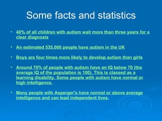 Some facts and statistics 40% of all children with autism wait more than three years for a clear diagnosis An estimated 535,000 people have autism in the UK Boys are four times more likely to develop autism than girls Around 70% of people with autism have an IQ below 70 (the average IQ of the population is 100). This is classed as a learning disability. Some people with autism have normal or high intelligence. Many people with Asperger's have normal or above average intelligence and can lead independent lives. 