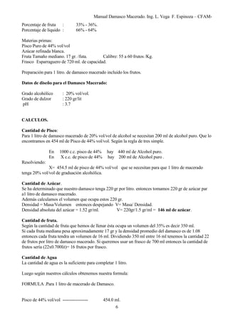 Manual Damasco Macerado. Ing. L. Vega F. Espinoza – CFAM-
Porcentaje de fruta : 33% - 36%.
Porcentaje de liquido : 66% - 64%
Materias primas:
Pisco Puro de 44% vol/vol
Azúcar refinada blanca.
Fruta Tamaño mediano. 17 gr. /futa. Calibre: 55 a 60 frutos /Kg.
Frasco Esparraguero de 720 ml. de capacidad.
Preparación para 1 litro. de damasco macerado incluido los frutos.
Datos de diseño para el Damasco Macerado:
Grado alcohólico : 20% vol/vol.
Grado de dulzor : 220 gr/lit
pH : 3.7
CALCULOS.
Cantidad de Pisco:
Para 1 litro de damasco macerado de 20% vol/vol de alcohol se necesitan 200 ml de alcohol puro. Que lo
encontramos en 454 ml de Pisco de 44% vol/vol. Según la regla de tres simple.
En 1000 c.c. pisco de 44% hay 440 ml de Alcohol puro.
En X c.c. de pisco de 44% hay 200 ml de Alcohol puro .
Resolviendo:
X= 454.5 ml de pisco de 44% vol/vol que se necesitan para que 1 litro de macerado
tenga 20% vol/vol de graduación alcohólica.
Cantidad de Azúcar.
Se ha determinado que nuestro damasco tenga 220 gr por litro. entonces tomamos 220 gr de azúcar par
a1 litro de damasco macerado.
Además calculamos el volumen que ocupa estos 220 gr.
Densidad = Masa/Volumen entonces despejando V= Masa/ Densidad.
Densidad absoluta del azúcar = 1.52 gr/ml. V= 220gr/1.5 gr/ml = 146 ml de azúcar.
Cantidad de fruta.
Según la cantidad de fruta que hemos de llenar ésta ocupa un volumen del 35% es decir 350 ml.
Si cada fruta mediana pesa aproximadamente 17 gr y la densidad promedio del damasco es de 1.08
entonces cada fruta tendra un volumen de 16 ml. Dividiendo 350 ml entre 16 ml tenemos la cantidad 22
de frutos por litro de damasco macerado. Si queremos usar un frasco de 700 ml entonces la cantidad de
frutos sería (22x0.700lit)= 16 frutos por frasco.
Cantidad de Agua
La cantidad de agua es la suficiente para completar 1 litro.
Luego según nuestros cálculos obtenemos nuestra formula:
FORMULA .Para 1 litro de macerado de Damasco.
Pisco de 44% vol/vol ----------------- 454.0 ml.
6
 