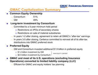 GMAC Capitalization Summary
Common Equity Ownership
    Consortium           51%
―
    GM                   49%
―

Long-te...