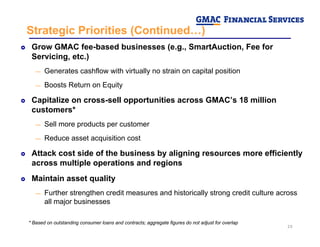 Strategic Priorities (Continued…)
 Grow GMAC fee-based businesses (e.g., SmartAuction, Fee for
 Servicing, etc.)
       Ge...