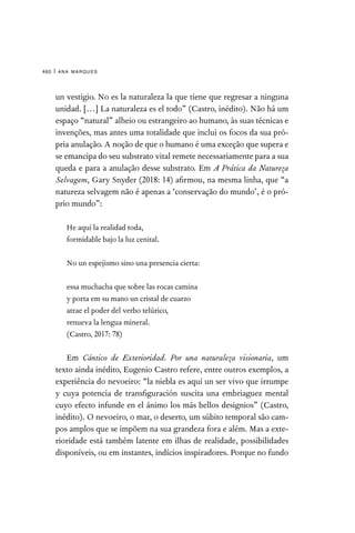 ana marques
460 |
un vestigio. No es la naturaleza la que tiene que regresar a ninguna
unidad. […] La naturaleza es el todo” (Castro, inédito). Não há um
espaço “natural” alheio ou estrangeiro ao humano, às suas técnicas e
invenções, mas antes uma totalidade que inclui os focos da sua pró-
pria anulação. A noção de que o humano é uma exceção que supera e
se emancipa do seu substrato vital remete necessariamente para a sua
queda e para a anulação desse substrato. Em A Prática da Natureza
Selvagem, Gary Snyder (2018: 14) afirmou, na mesma linha, que “a
natureza selvagem não é apenas a ‘conservação do mundo’, é o pró-
prio mundo”:
He aquí la realidad toda,
formidable bajo la luz cenital.
No un espejismo sino una presencia cierta:
essa muchacha que sobre las rocas camina
y porta em su mano un cristal de cuarzo
atrae el poder del verbo telúrico,
renueva la lengua mineral.
(Castro, 2017: 78)
Em Cántico de Exterioridad. Por una naturaleza visionaria, um
texto ainda inédito, Eugenio Castro refere, entre outros exemplos, a
experiência do nevoeiro: “la niebla es aquí un ser vivo que irrumpe
y cuya potencia de transfiguración suscita una embriaguez mental
cuyo efecto infunde en el ánimo los más bellos designios” (Castro,
inédito). O nevoeiro, o mar, o deserto, um súbito temporal são cam-
pos amplos que se impõem na sua grandeza fora e além. Mas a exte-
rioridade está também latente em ilhas de realidade, possibilidades
disponíveis, ou em instantes, indícios inspiradores. Porque no fundo
 