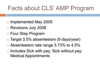 CLS ISSUES

   People working when sick
   Targeting right people
   Target vs. Average
   How to exit the program
   Ownership and accountability
   Time required to manage program
   EDUCATION!!!
 