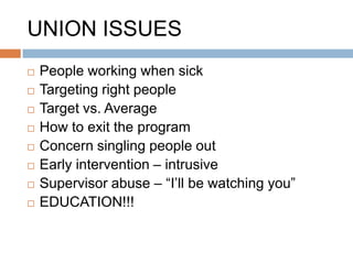 What Reports Exist?

   Monthly Sick Time Reports

   AMP Reports

   Employee Absence Calendars
 