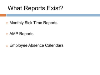 Reports
Sicktime Usage (52 week period ending May 16, 2008)

Manager: Edward Quartermaine
Supervisor: Ned Ashton
                                                   Sick    Sick                       All                                      Cost
              Emp      Employee Name    Medical                     Sick Total                All In EE % Corp
Cost Centre                                       Under    Over                     Hours                                     Centre
               No       (Last, First)    Appts                    (Traded) Sick              Hours AMP Sick Target
                                                     30     30                     Worked                                      Avg
71410000000   1714   BARRETT, BRENDA     0.00      72.75   0.00    0.00    72.75    750.00    822.75   No     8.84%   3.50%   3.85%
71410000000   1474   CORINTHOS, SONNY 2.25        251.00   0.00    0.00   253.25   1490.75   1744.00   Yes   14.52%   3.50%   3.85%
71410000000   1594   JAX, JASPER         0.00      31.00   0.00    7.75    38.75   1570.56   1609.31   No     2.41%   3.50%   3.85%
71410000000   1234   MORGAN, JASON       0.00       3.00   0.00    0.00     3.00   1553.50   1556.50   No     0.19%   3.50%   3.85%
71410000000   1354   WEBBER, ELIZABETH 0.00        38.75   0.00    0.00    38.75   1976.25   2015.00   Yes    1.92%   3.50%   3.85%
71410000001   1834   CASSEDINE, NIKOLAS 0.00        7.00   0.00    0.00     7.00   2008.00   2015.00   No     0.35%   3.50%   5.59%
71410000001   1954   DAVIS, ALEXIS       5.00      40.75   0.00    0.00    45.75   1811.63   1857.38   No     2.46%   3.50%   5.59%
71410000001   2074   HOWARD, KATE       25.00     230.00   0.00    0.00   255.00   1380.69   1635.69   No    15.59%   3.50%   5.59%
 