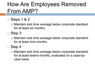 What Works?
   Metrics
   Organizational Target (ie. 3.5%)
   Regular Communication
   Supervisor Buy-In and Education
   Consistency in the message and actions
   Involving the Union
 