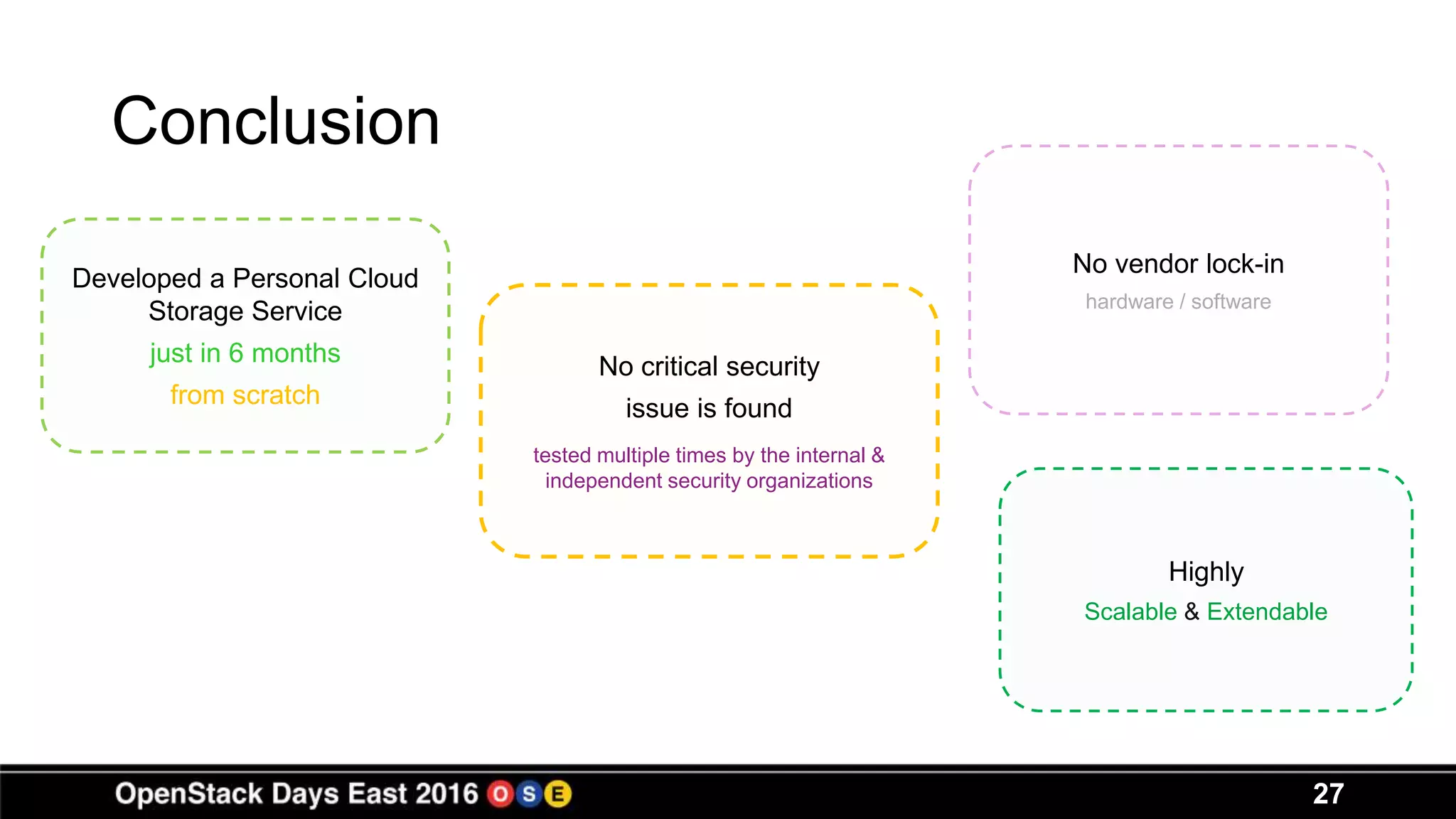 Conclusion
27
Developed a Personal Cloud
Storage Service
just in 6 months
from scratch
No critical security
issue is found
tested multiple times by the internal &
independent security organizations
No vendor lock-in
hardware / software
Highly
Scalable & Extendable
 