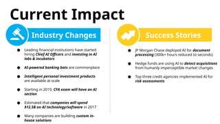 Current Impact
● Leading financial institutions have started
hiring Chief AI Officers and investing in AI
labs & incubators
● AI-powered banking bots are commonplace
● Intelligent personal investment products
are available at scale
● Starting in 2019, CFA exam will have an AI
section
● Estimated that companies will spend
$12.5B on AI technology/software in 2017
● Many companies are building custom in-
house solutions
Industry Changes Success Stories
● JP Morgan Chase deployed AI for document
processing (300k+ hours reduced to seconds)
● Hedge funds are using AI to detect acquisitions
from humanly imperceptible market changes
● Top three credit agencies implemented AI for
risk assessments
 