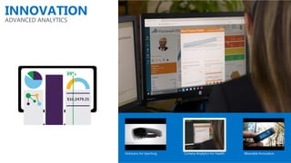 INNOVATION
HoloLens for teaching Cortana Analytics for Health Wearable Innovation
ADVANCED ANALYTICS
 