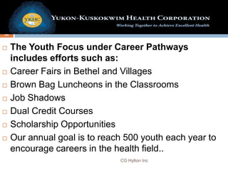 50


    The Youth Focus under Career Pathways
     includes efforts such as:
    Career Fairs in Bethel and Villages
 ...