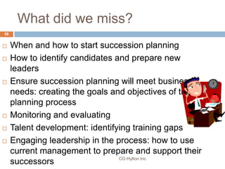 Succession Plan or Replacement
58
     Plan
      If you have high turnover
      You may find that your replacement
   ...