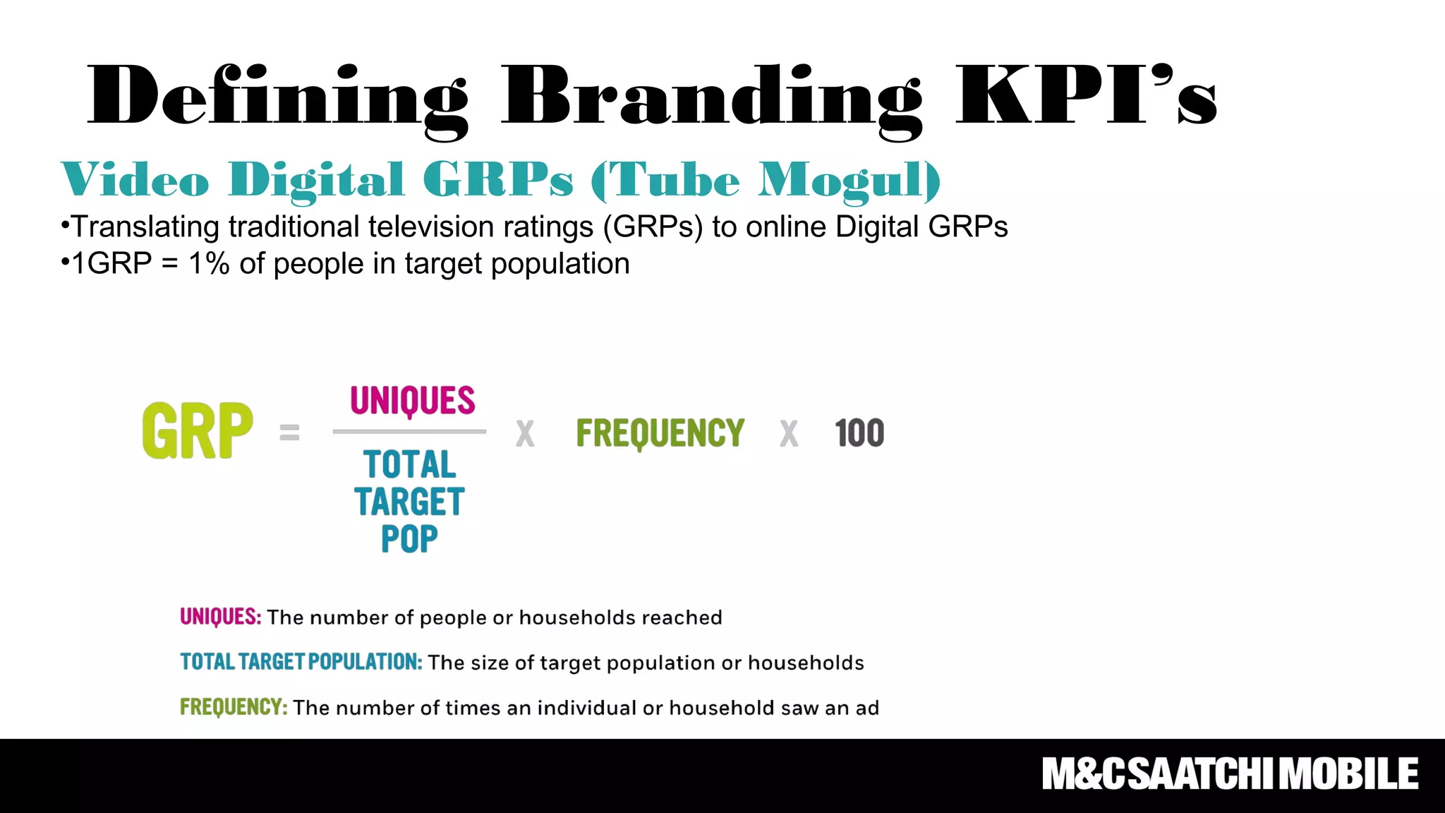 Video Digital GRPs (Tube Mogul)
•Translating traditional television ratings (GRPs) to online Digital GRPs
•1GRP = 1% of people in target population
Defining Branding KPI’s
 