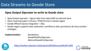Data	Streams	to	Geode	Store			
Apex	Output	Operator	to	write	to	Geode	store	
	
•  Apex	Output	operator	–	Egress	data	from	Apex	DAG	to	external	store	
•  Store	incoming	tuples	in	binary	/	POJO	format	in	Geode	region			
•  Geode	Eﬃcient	Query	integra2on	–	OQL	
•  Geode	region	supports	data	replica2on,	overﬂow	to	disk,	persistence	&	many	evic2on	
strategies	
Implementa4on:	 	 	GeodeStore	
GeodePOJOPutOperator	
AbstractGeodePutOperator	
hUps://malhar.atlassian.net/projects/MLHR/issues/MLHR-1942	
 