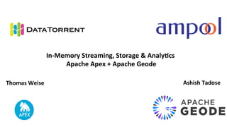 In-Memory	Streaming,	Storage	&	Analy4cs	
	Apache	Apex	+	Apache	Geode		
	
Thomas	Weise	 Ashish	Tadose	
 